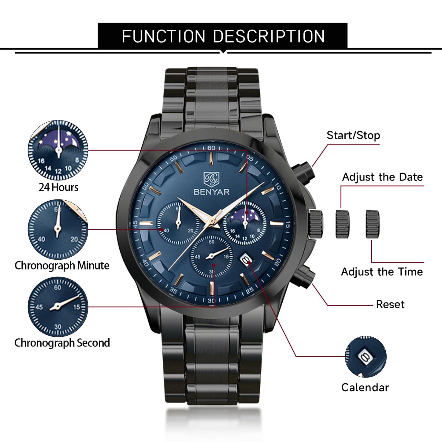 BY BENYAR Uhren Herren Chronograph Analog Quarz Wasserdicht Armbanduhr Herren Mode Lässig Business Herrenuhr mit Kalender Lederarmband/Edelstahlarmband Uhr Geschenk für Männer