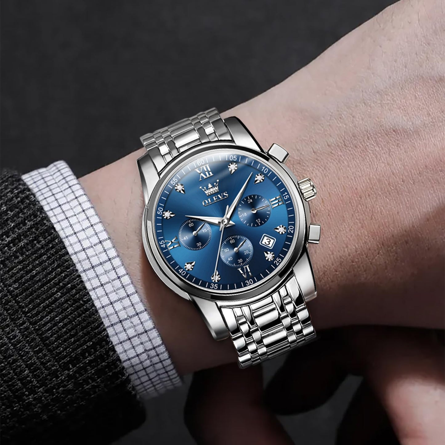 OLEVS Uhren Herren, Edelstahl Analoger Quarzuhr, Multifunktionale Diamanten Herrenuhren, Klassisches Luxuskleid Herrenuhr