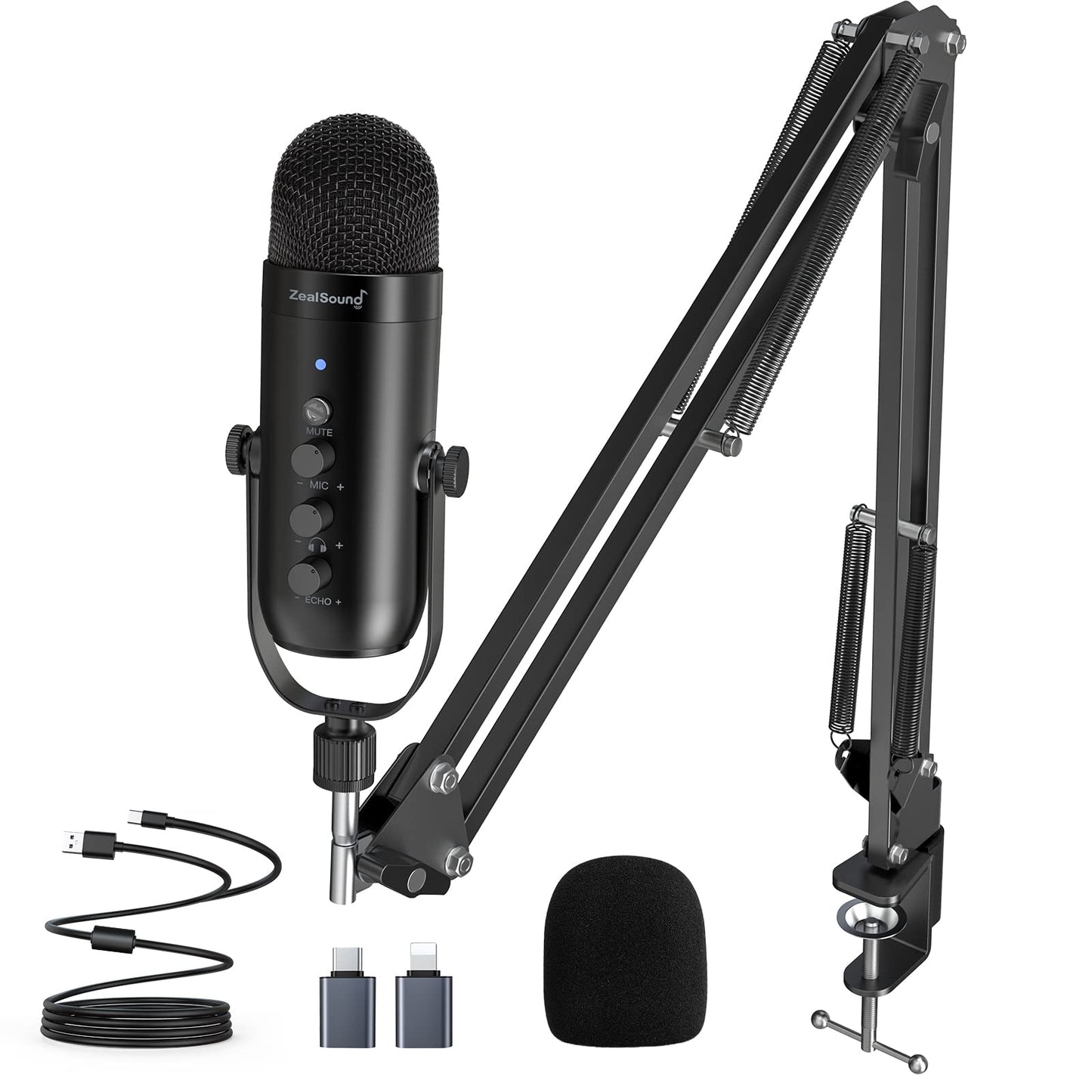 zealsound USB Mikrofon, Kondensator Mikrofon für PC Handy, PS4, PS5, Microphone PC USB C für Gaming, Podcast,Aufnahmen,Streaming,ASMR mit Stumm/Gain/Echo, Adapter für Phone,Kompatibel mit Mac, Winows