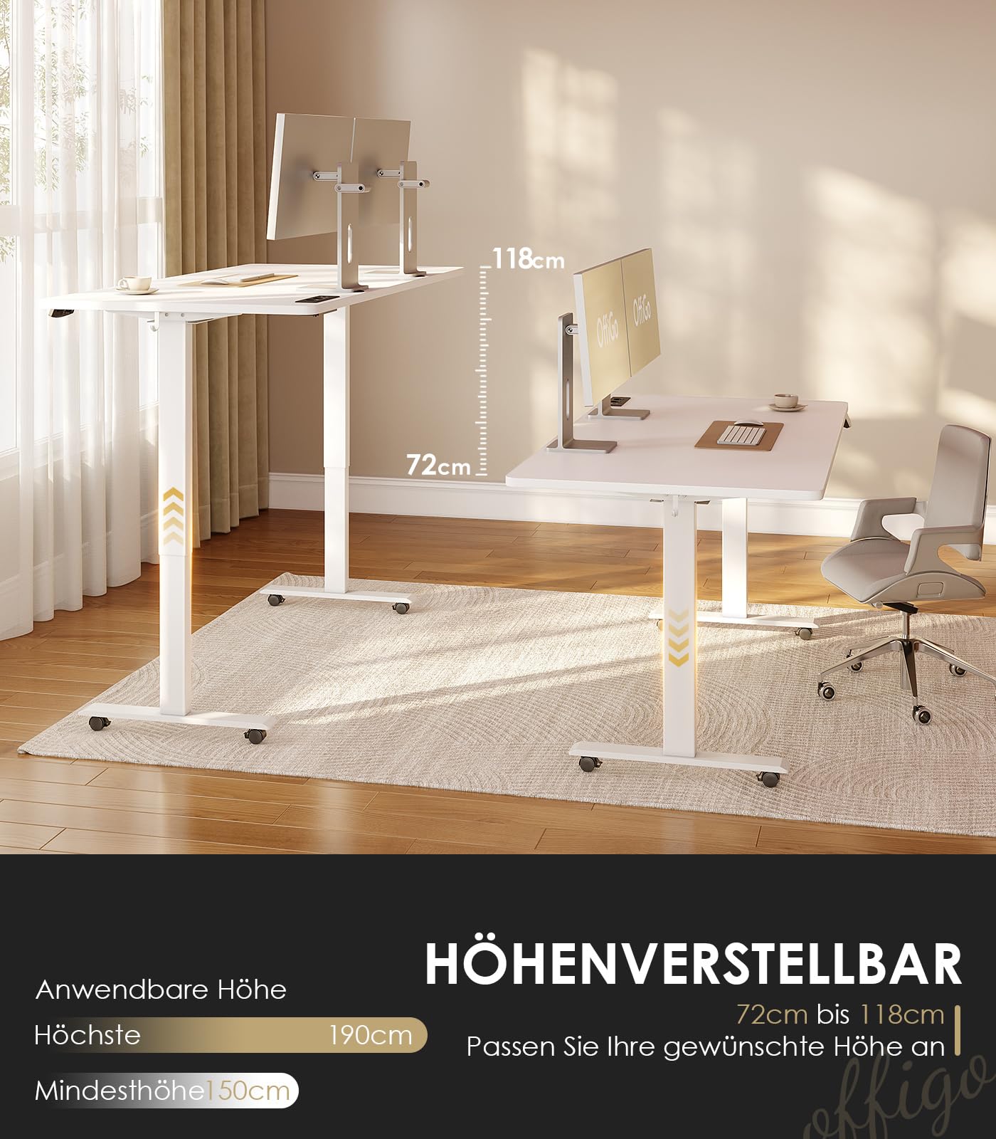 OffiGo Höhenverstellbarer Schreibtisch, 180cm, Elektrischer Schreibtisch mit USB, Schreibtisch Höhenverstellbar mit 2 Memory Funktion, Tisch Höhenverstellbar für Büro, Zuhause, Gaming, Schwarz