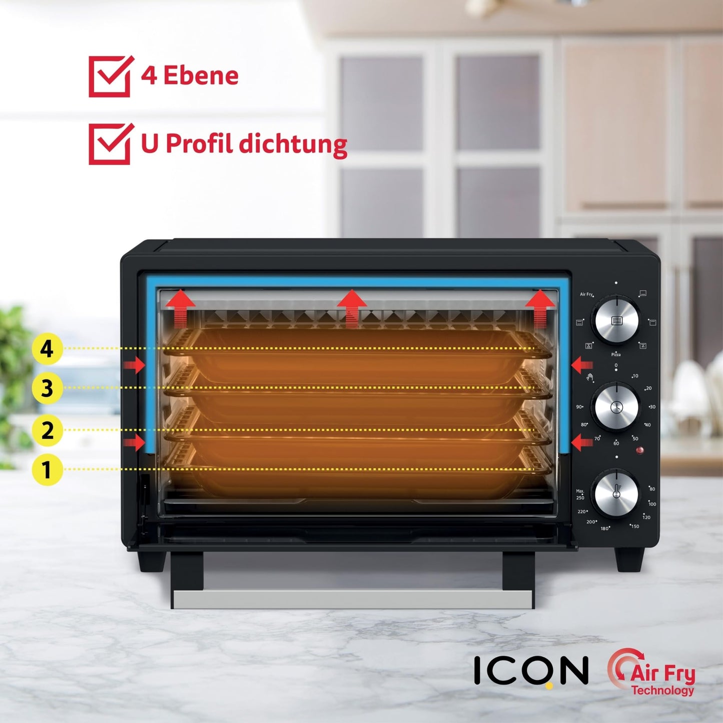 ICQN Kompakter Minibackofen 15 Liter, 1200W, 60 min-Timer, 3 Kochfuntionen, 90°-230°C, Kleiner Camping Ofen, Anthrazit, 2-Jahre Garantie