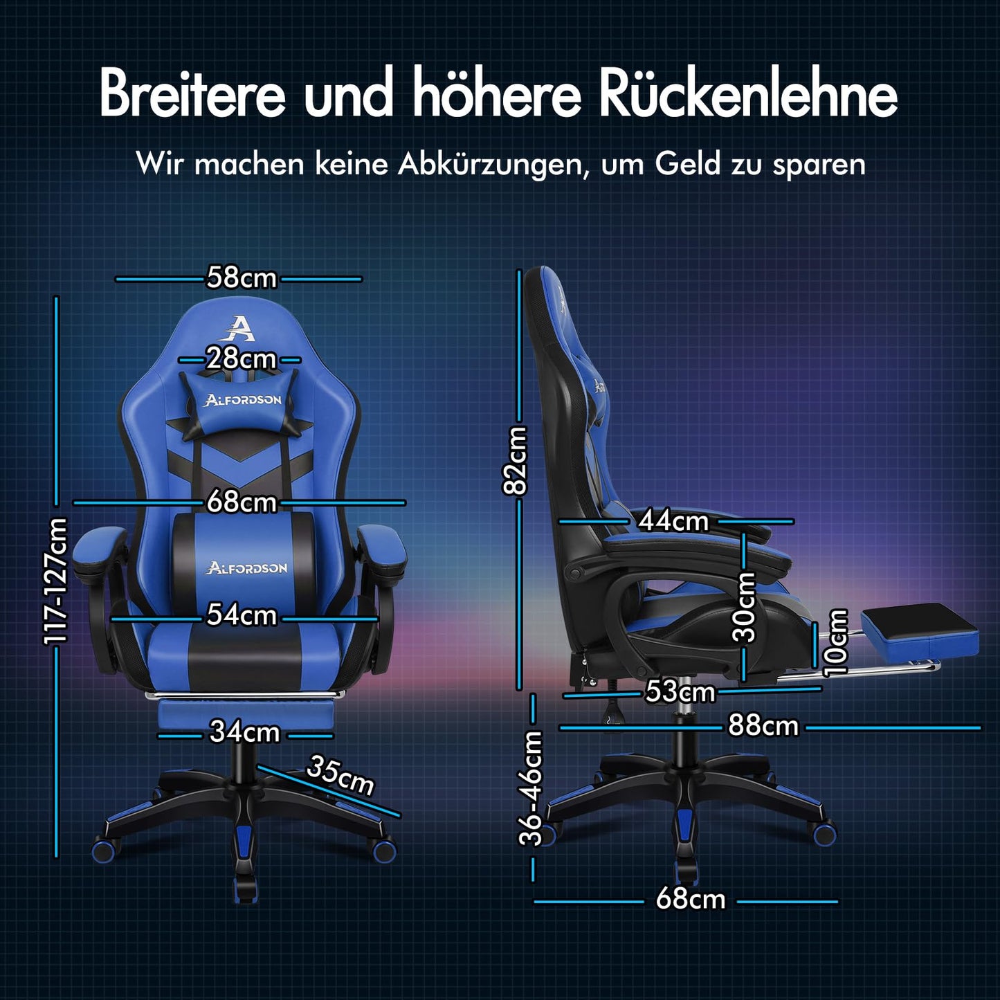 ALFORDSON Gaming Stuhl mit 8-Punkt Massage 12 Farben RGB LED-Licht, Bürostuhl Ergonomisch mit fußstützen, Kopfstütze Lendenkissen für Kinder Erwachsene, Schwarz