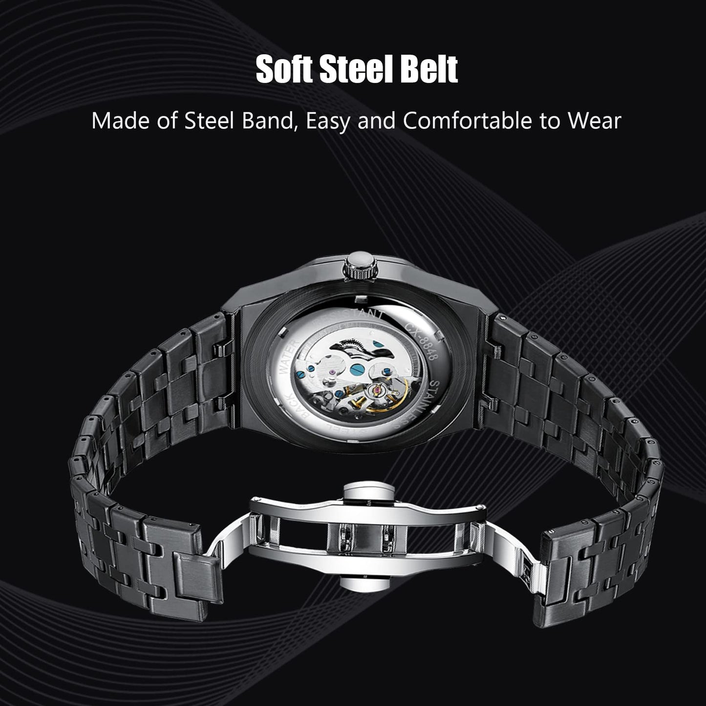 Rorios Herrenuhren Automatische Mechanische Uhr Leuchtend Uhr mit Edelstahl-Armband Skelett Militär Armbanduhr