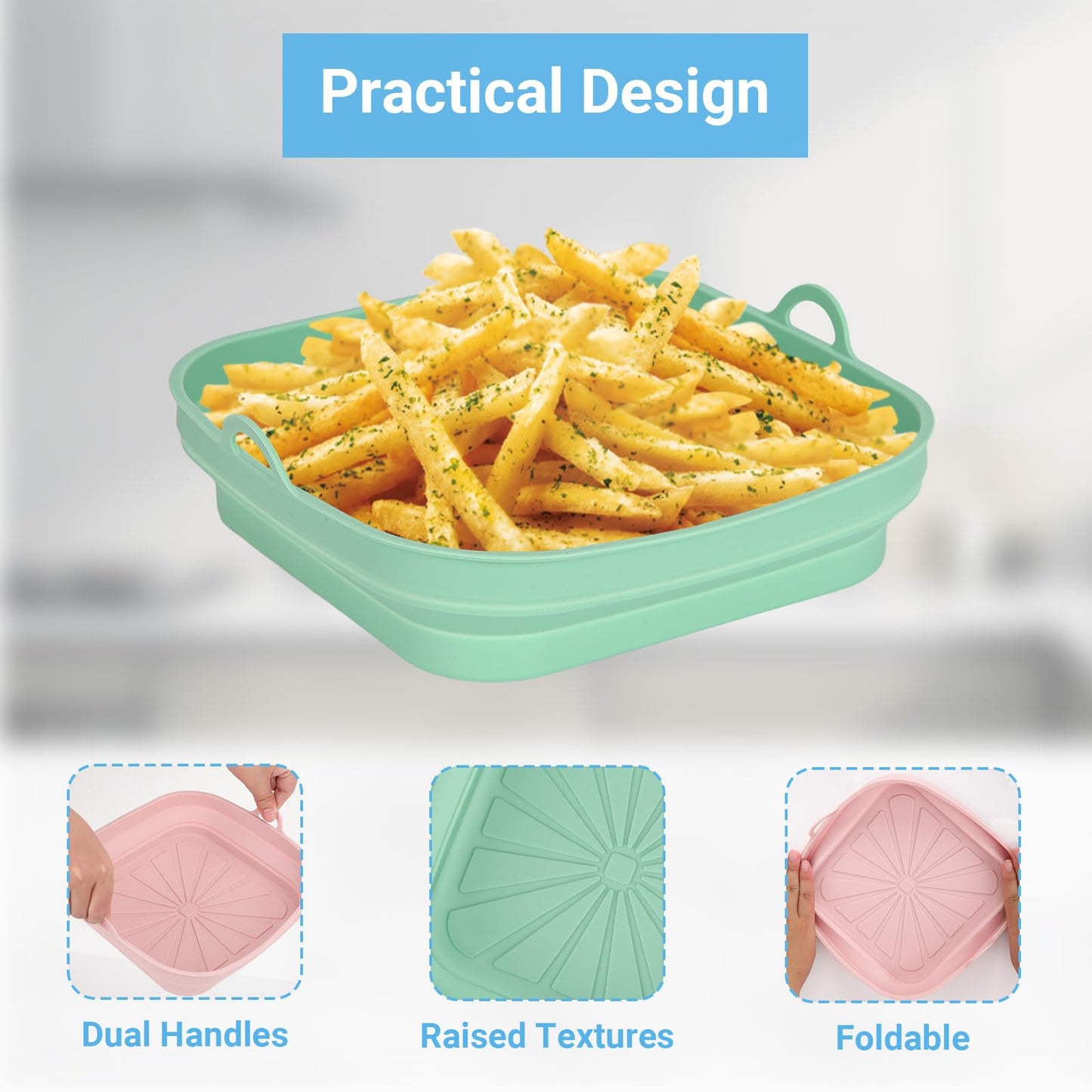 Alyvisun Silikonform für Heißluftfritteuse 2 Stück Airfryer Silikon Backform Wiederverwendbar Silikoneinsatz Zubehör Quadratisch Silikonmatte Pot Liner für Air Fryer, Mikrowelle, Ofen, Blau+Grau