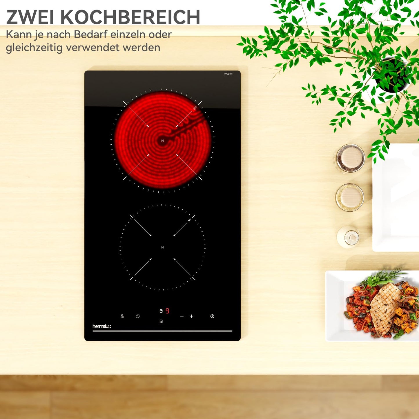 Hermitlux ceramic hob,Built-in 29 cm black glass ceramic electric hob,9 power levels,Sensor touch control, child lock, 1-99 minute timer,Suitable for all pots and pans