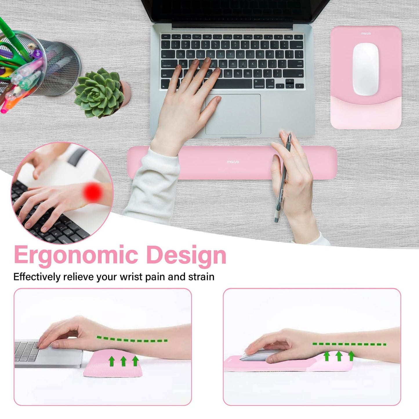 MOSISO Handgelenkstütze für Mauspad&Tastatur Set, Rechteckig Ergonomisch Mauspad Rutschfest Basis Home/Büro Schmerzlinderung&Typing Kissen mit Neopren Cloth&Erhöht Gebogen Memory Schaum,Grün