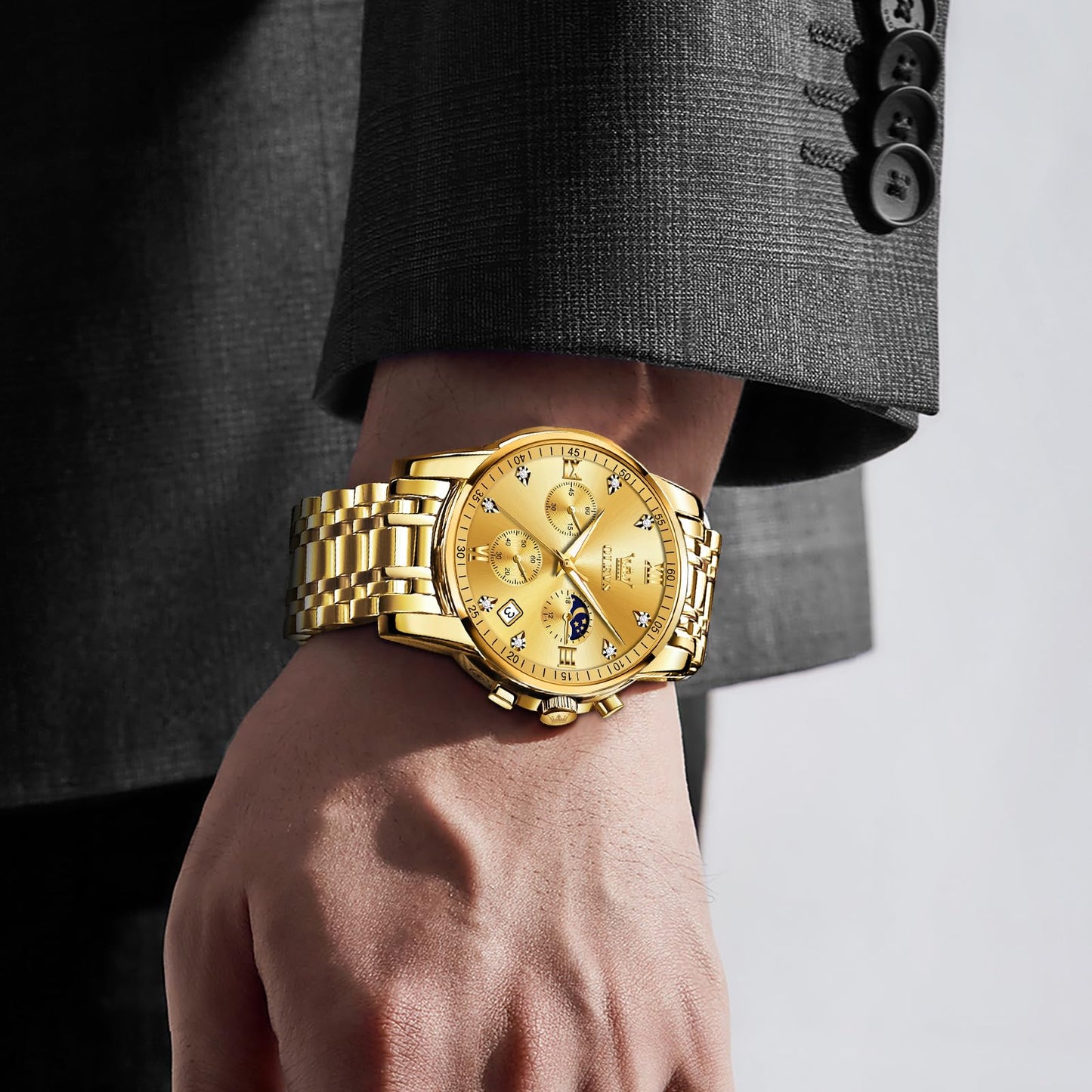 OLEVS Uhren Herren, Edelstahl Analoger Quarzuhr, Multifunktionale Diamanten Herrenuhren, Klassisches Luxuskleid Herrenuhr
