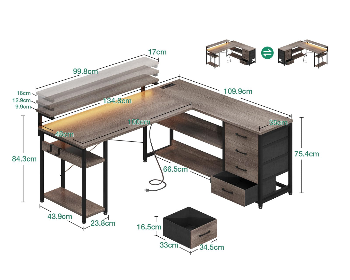 ODK Schreibtisch mit Schubladen, Reversible Eckschreibtisch mit 2 Steckdosen und 2 USB Ladeanschluss, Bürotisch L Form mit LED für Home Office 135×110cm (Schwarz)