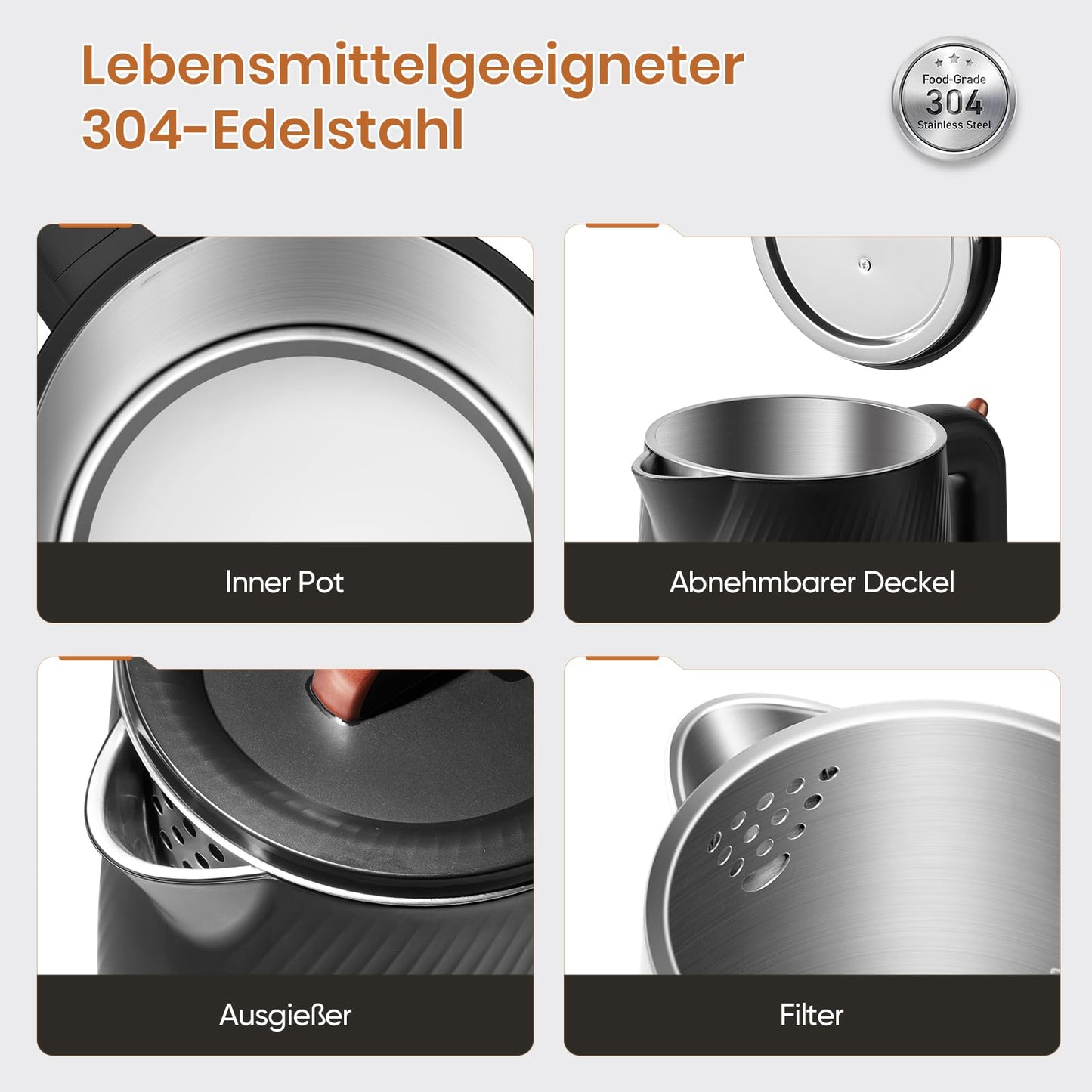 OLEGA Wasserkocher - 1800W Schnellaufheizender Elektrischer Teekessel BPA-freier 304 Edelstahl Elektrischer Wasserkocher mit Automatischer Abschaltung und Trockengehschutz Perfekt für die Familie 1.8L