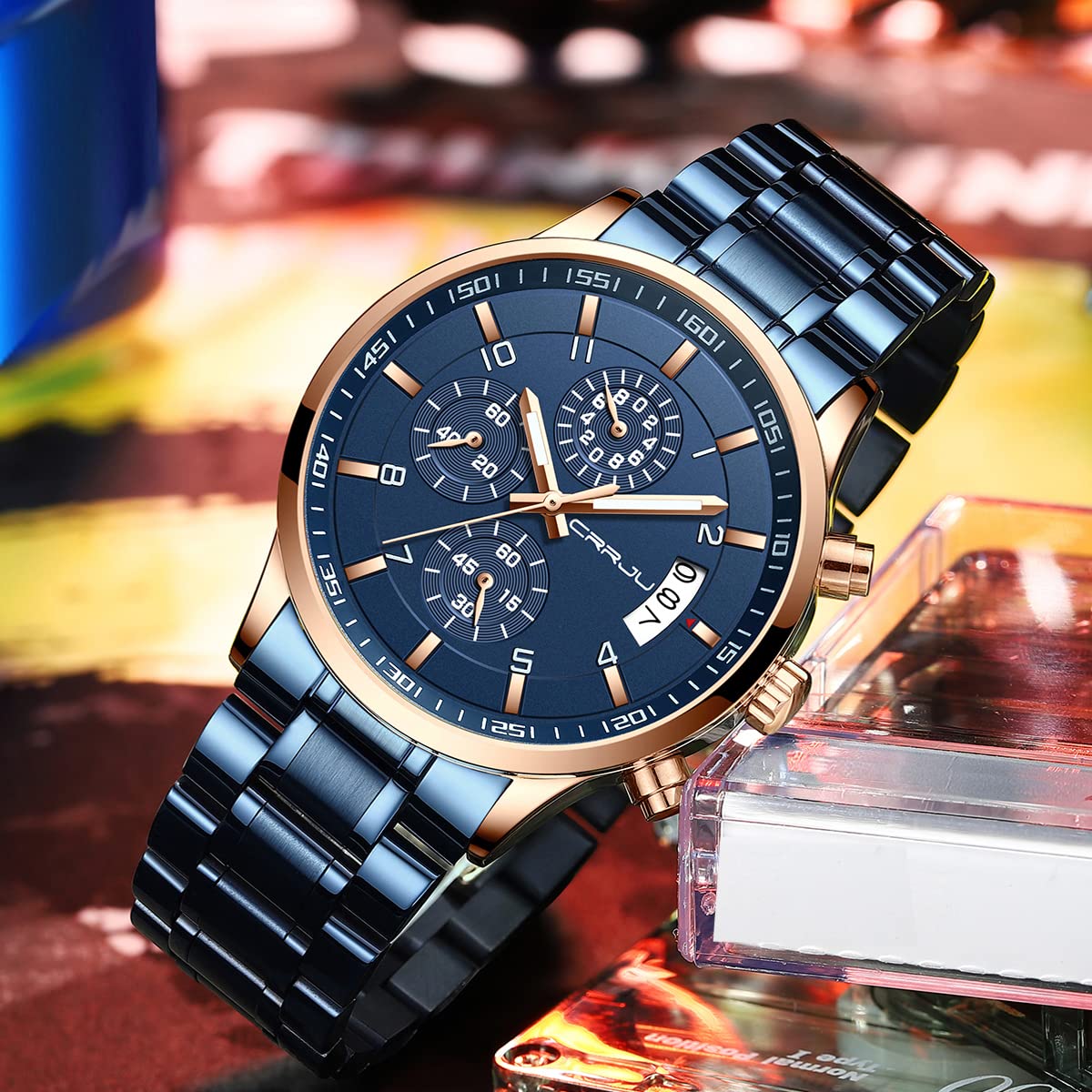 CRRJU Herren Uhr Business Edelstahl wasserdichte Chronographen mit Kalender Armbanduhr Edelstahlband Stoppuhr Analog Quarzuhr