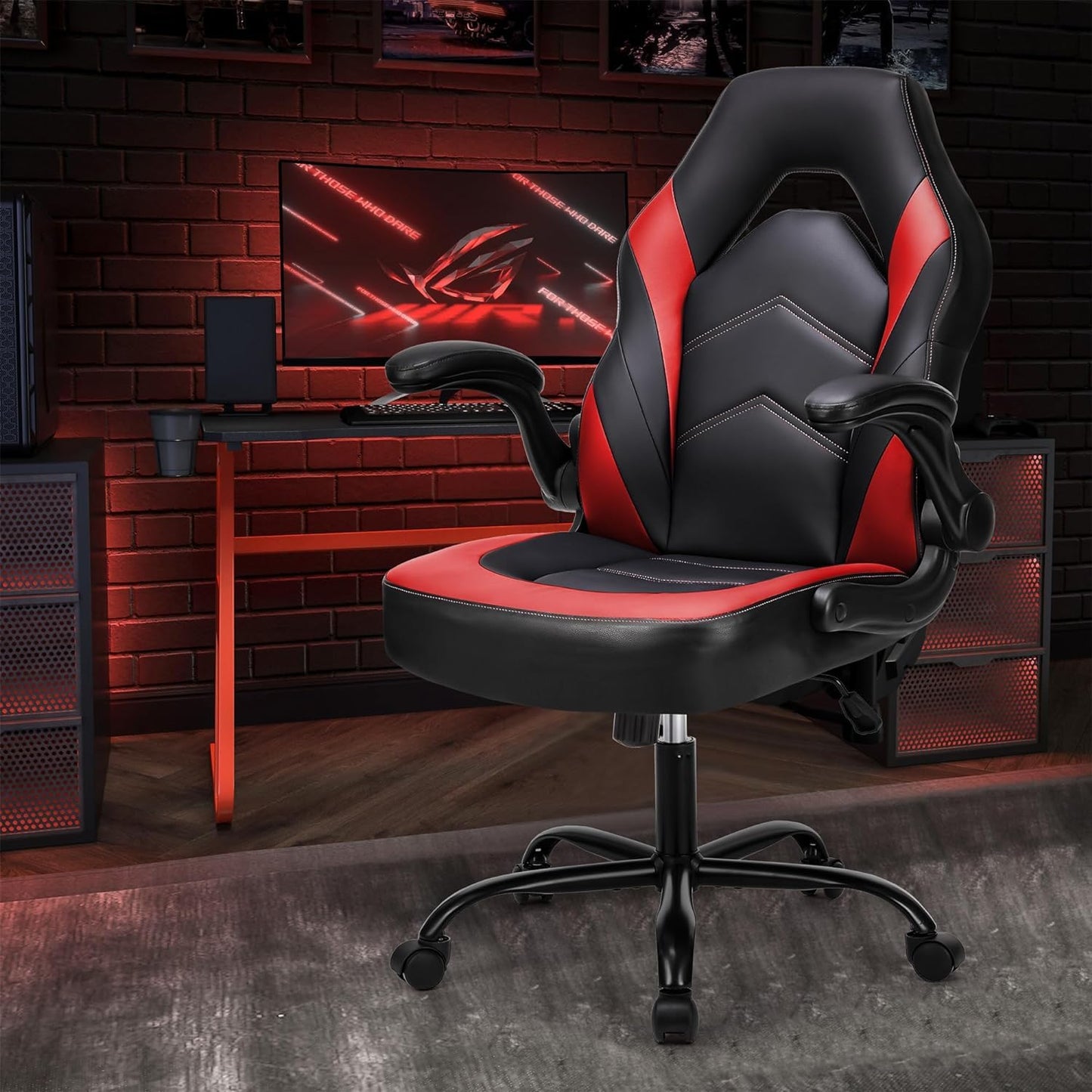DUMOS Gaming Chair - Ergonomic Gaming Chair, Adjustable Swivel Gaming Chair Made of PU Leather with Folding Armrests, Suitable for Home, Offices etc. (Black-Gray)