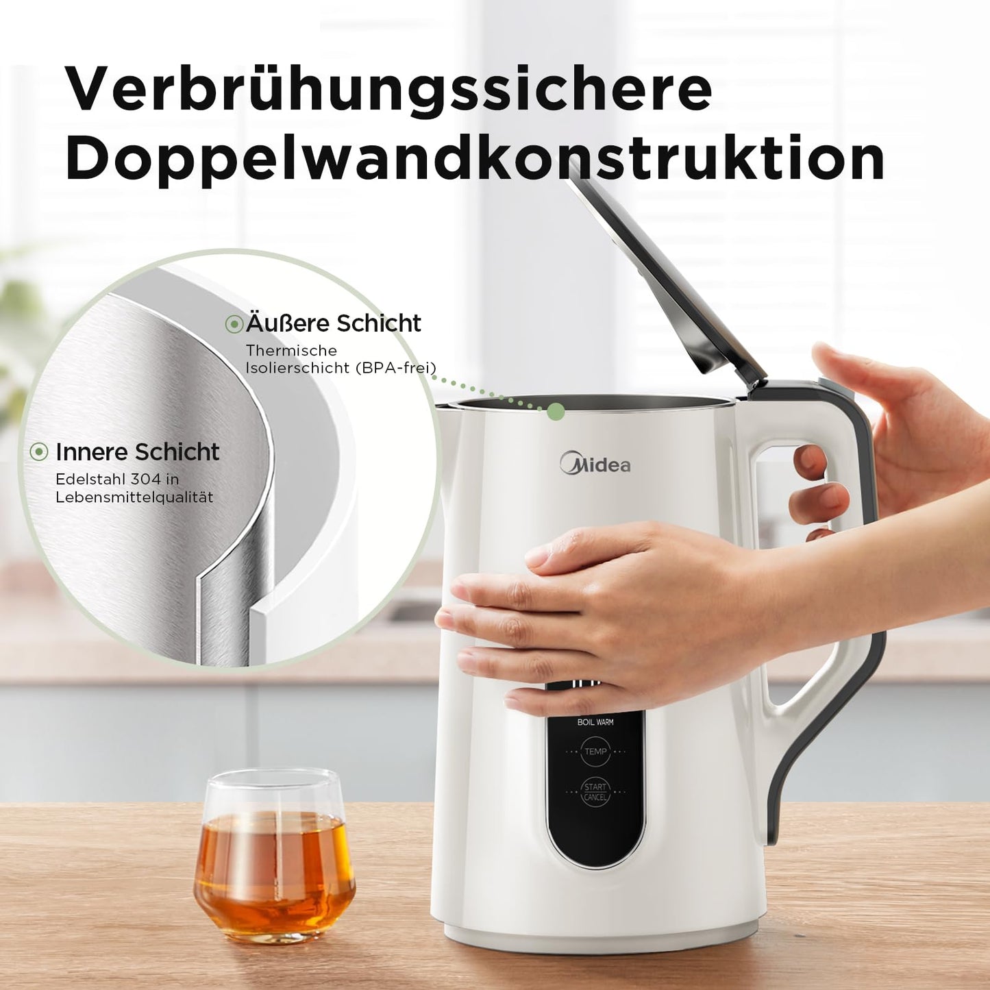 Midea Wasserkocher mit Temperatureinstellung (40, 60, 70, 80, 90, 100 Degree C),Edelstahl 1,7 Liter,Kettle 2200W mit Sichtfenster, Warmhaltefunktion für 60 Min