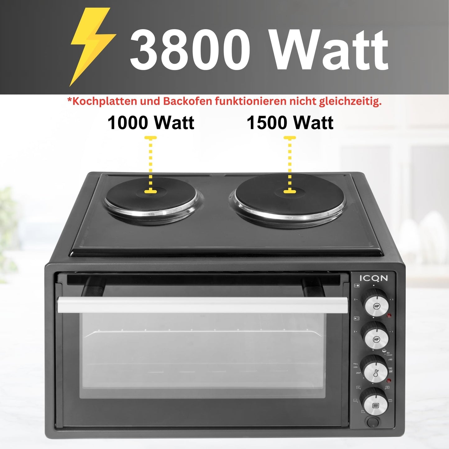 ICQN Kompakter Minibackofen 15 Liter, 1200W, 60 min-Timer, 3 Kochfuntionen, 90°-230°C, Kleiner Camping Ofen, Anthrazit, 2-Jahre Garantie