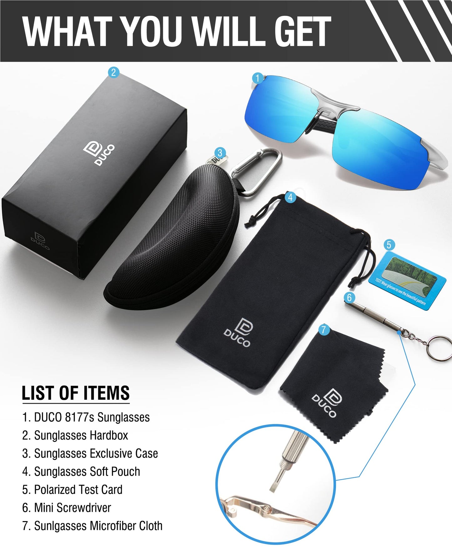 DUCO Herren Sportbrille Polarisierte Sonnenbrille Fahrerbrille Ultraleichte Al-Mg Metallrahmen UV400-Schutz Männer Sonnenbrillen 8177S