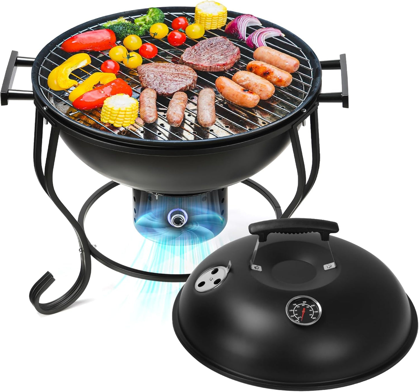 TOKTOO Portable charcoal grill with adjustable fan, Ø 44cm BBQ grill with lid, grill grate and thermometer, charcoal grill for barbecue camping, terrace, garden, charcoal grill
