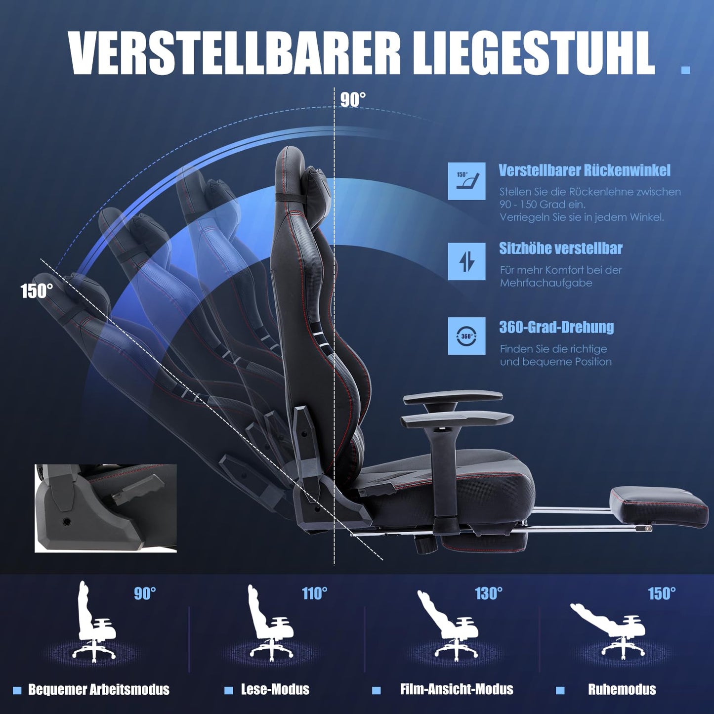 COLAMY Gaming Stuhl mit Fußstütze 160 KG Belastbarkeit-Computer Gamer PC Stuhl, Ergonomisch Hohe Rückenlehne, Verstellbare Rückenlehne, 3D Armlehnen, Kopfstütze und Lordosenstütze, Schwarz