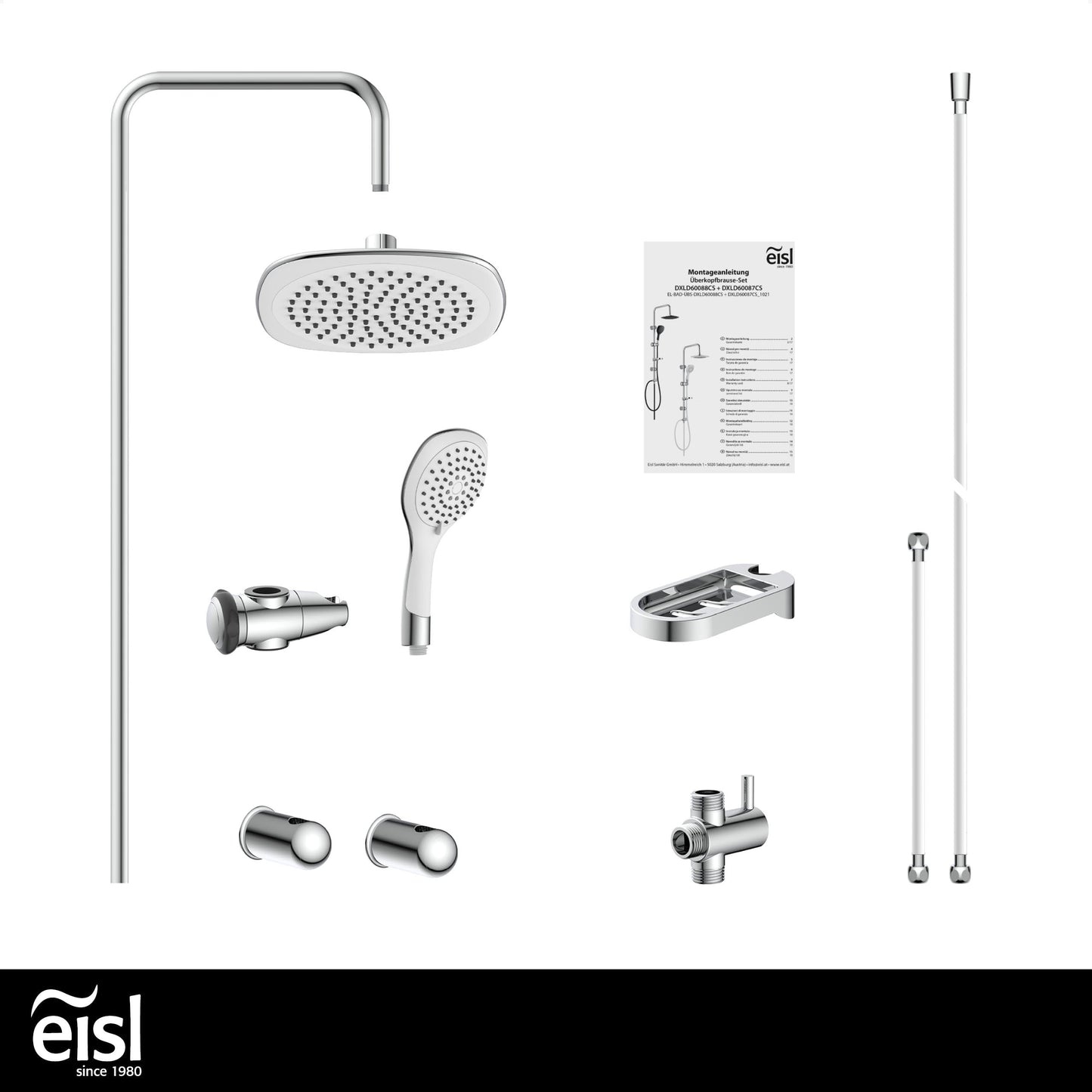 EISL Duschset EASY FRESH, Duschsystem ohne Armatur 2 in 1 mit großer Regendusche (250 x 200 mm) und Handbrause, Regendusche ohne Armatur ideal zum Nachrüsten, komplettes Montageset, Chrom DX12006