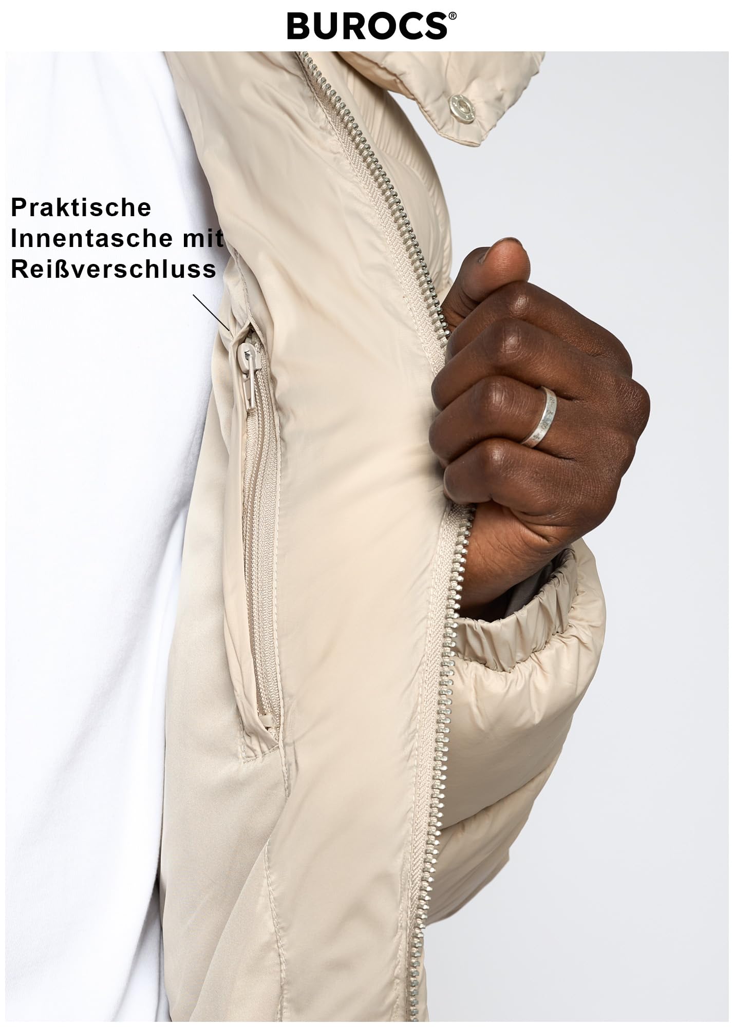 Burocs Hooded Puffer Jacket - Black - Jacke Herren - 2-Wege-Reißverschluss - abnehmbare Kapuze - Logo am Rücken - Kordelzug