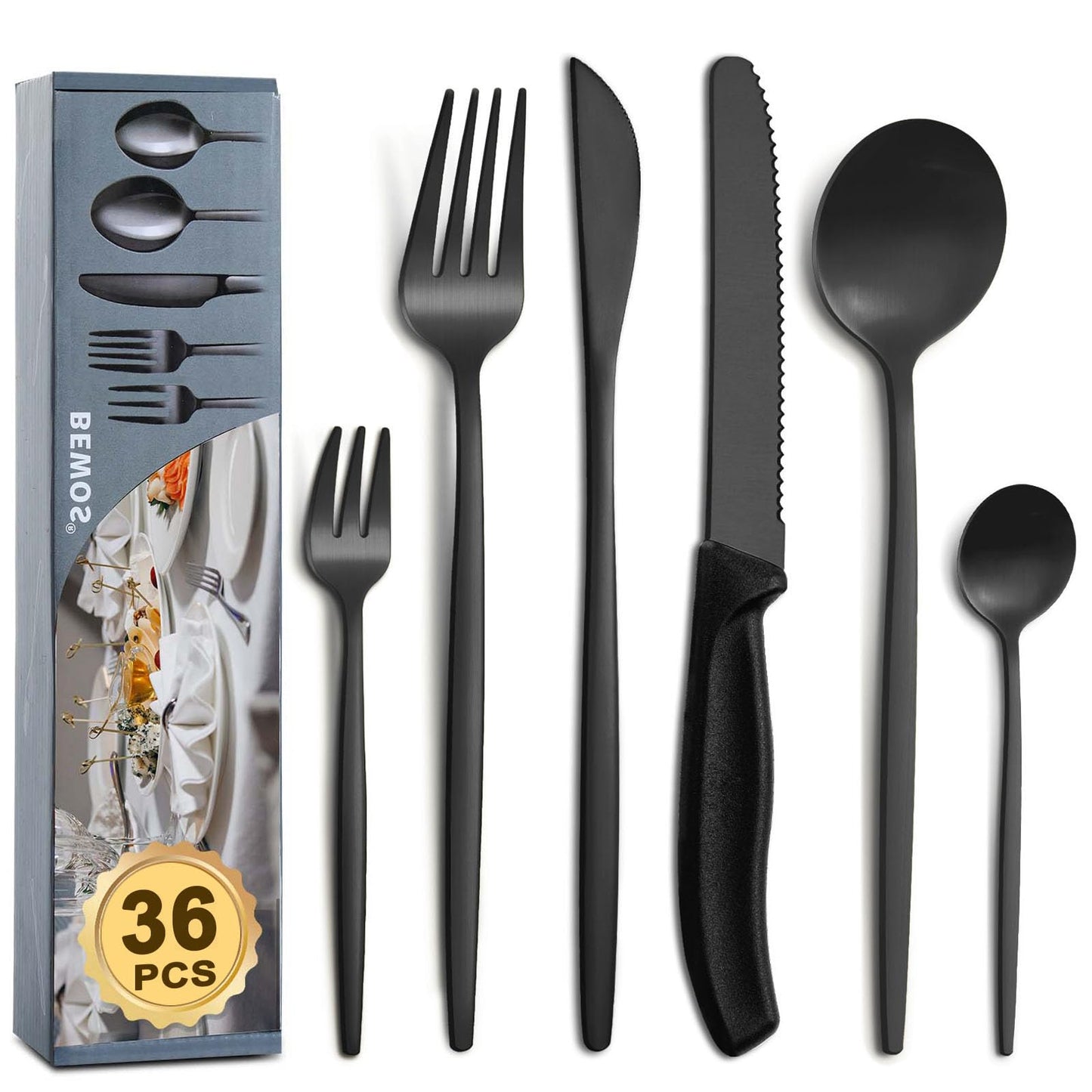 BEWOS 36-teiliges Besteck set mit Steakmesser Service für 6, Premium-Edelstahl-Bestecksets für Haus & Küche, Hochwertiges Messer-Löffel-Gabel-Besteck-Set Hochglanzpoliert, Spülmaschinenfest