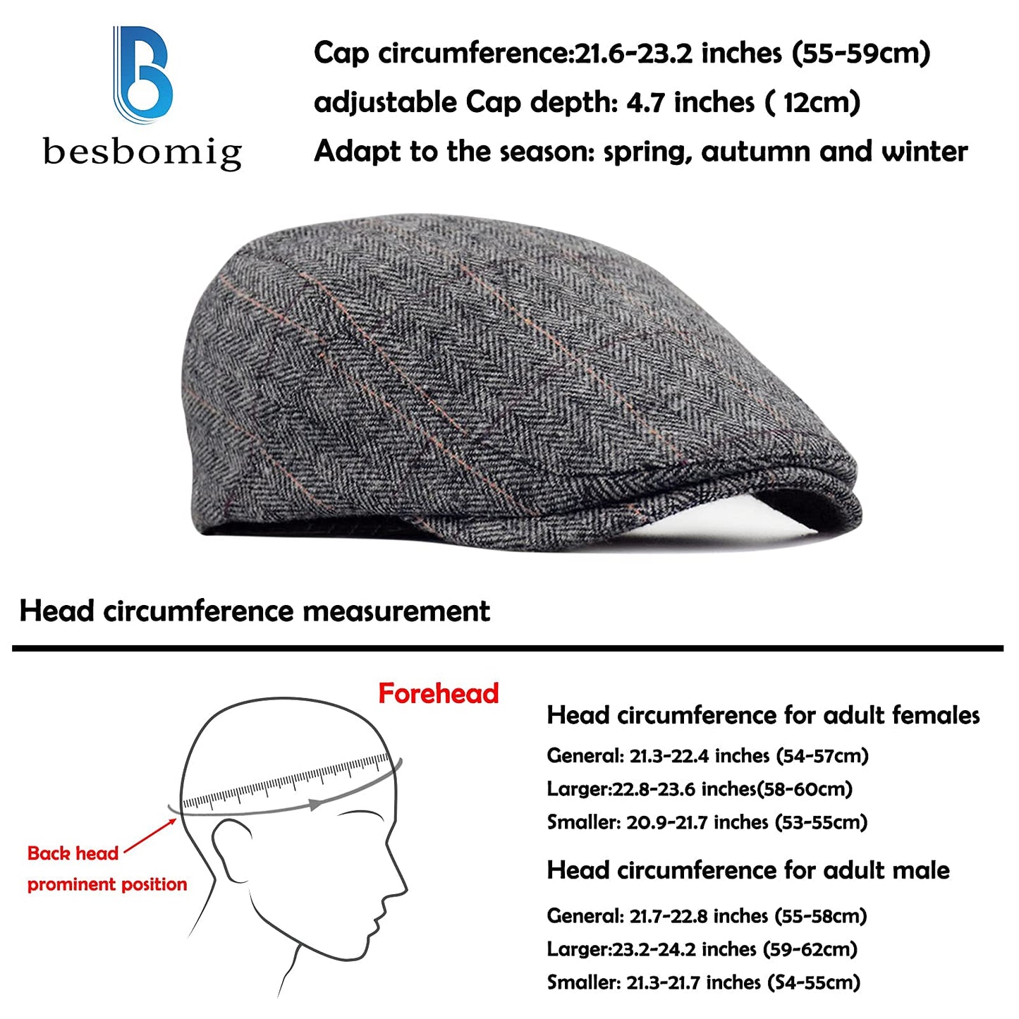 besbomig Schiebermütze Barret Flat Cap Schirmmütze für Herren Damen, Gatsby Newsboy Cap Baskenmützen Golfermütze, Frühling Herbst Winter, 55-59cm