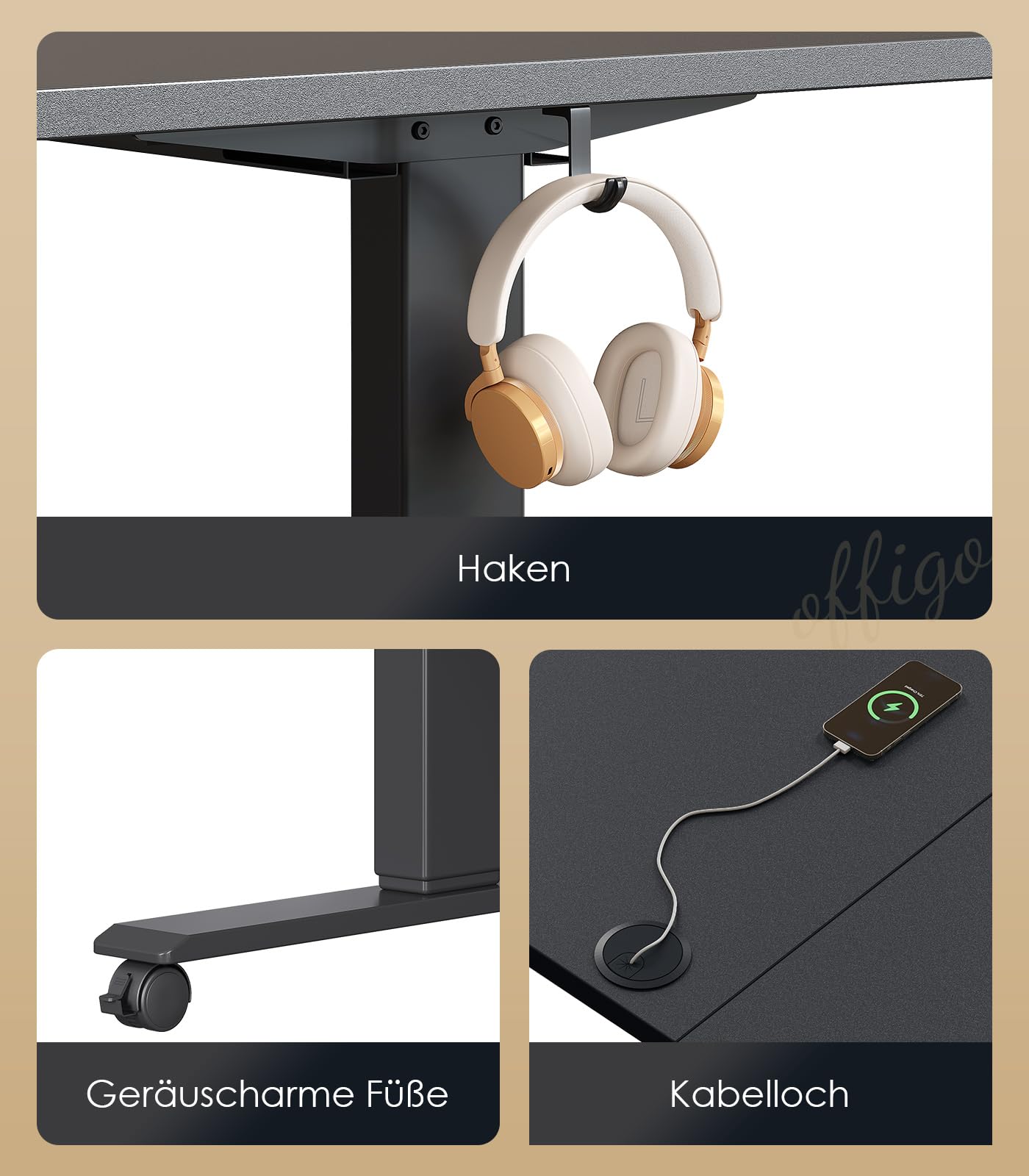 OffiGo Höhenverstellbarer Schreibtisch, 180cm, Elektrischer Schreibtisch mit USB, Schreibtisch Höhenverstellbar mit 2 Memory Funktion, Tisch Höhenverstellbar für Büro, Zuhause, Gaming, Schwarz