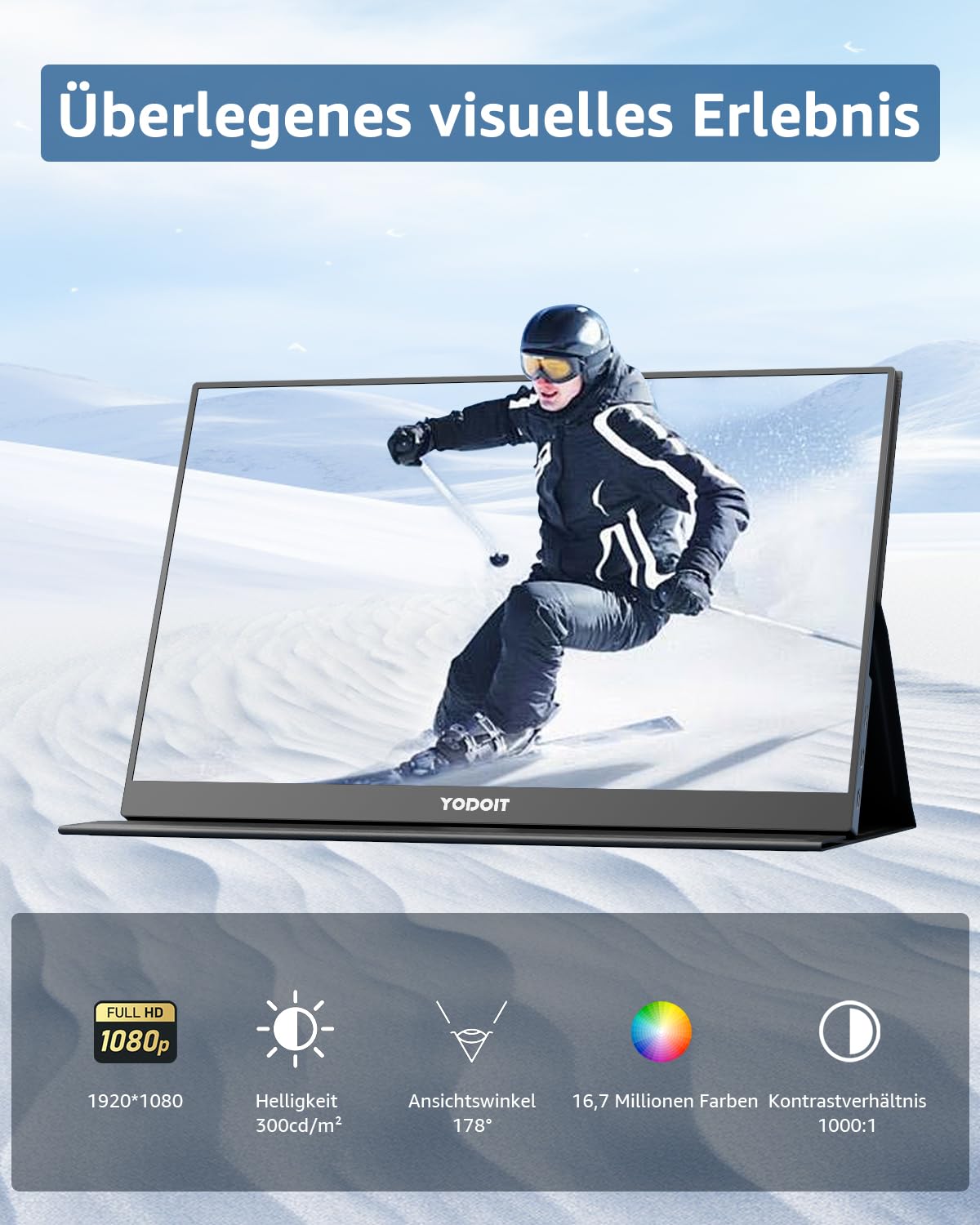 Yodoit Portable Monitor 15,6 Zoll 1920 x 1080 FHD Tragbarer Monitor IPS-Display mit USB Typ C Eingebaute Lautsprecher Eye Care Bildschirm für PC, Laptop, Xbox, PS 3/4/5, Switch und TV