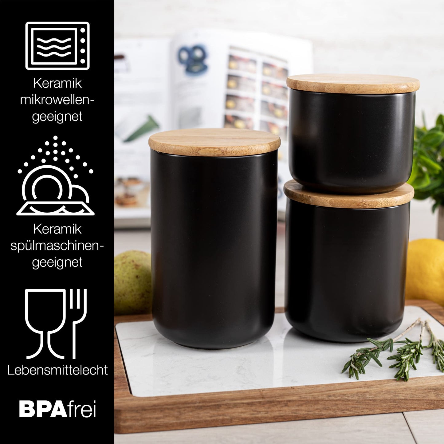 Moritz & Moritz 3x Vorratsdosen Schwarz 400ml, 600ml & 900 ml - Beschreibbar – 3x Keksdosen Keramik mit Deckel aus Bambus – Keramik Aufbewahrungsdose
