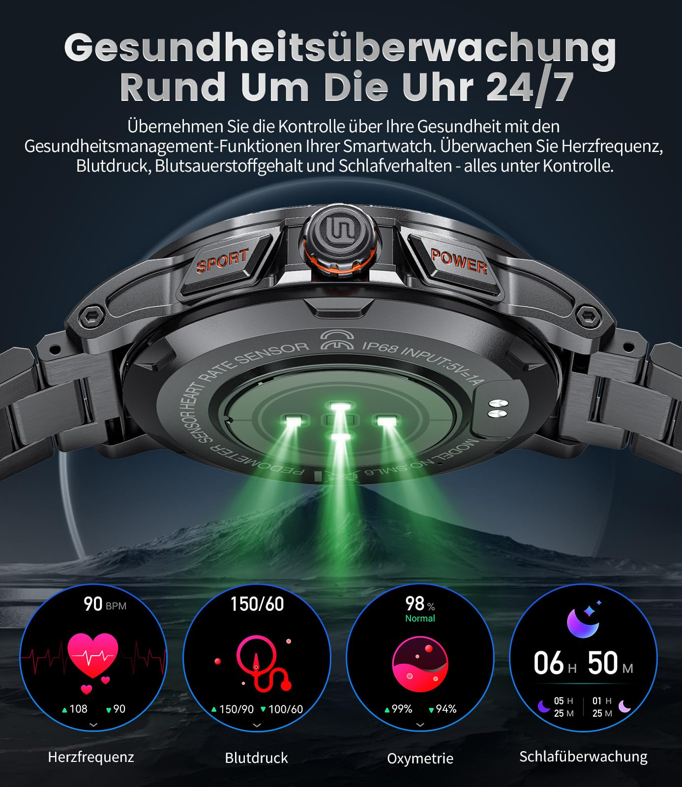 LIGE Militär Smartwatch Herren mit Telefonfunktion, 3 Armbänders, 1,43''AMOLED-Smartwatch mit Herzfrequenz, SpO2, Schlafmonitor, 5ATM Wasserdicht/120+ Sportmodi Outdoor Sportuhr für Android iOS