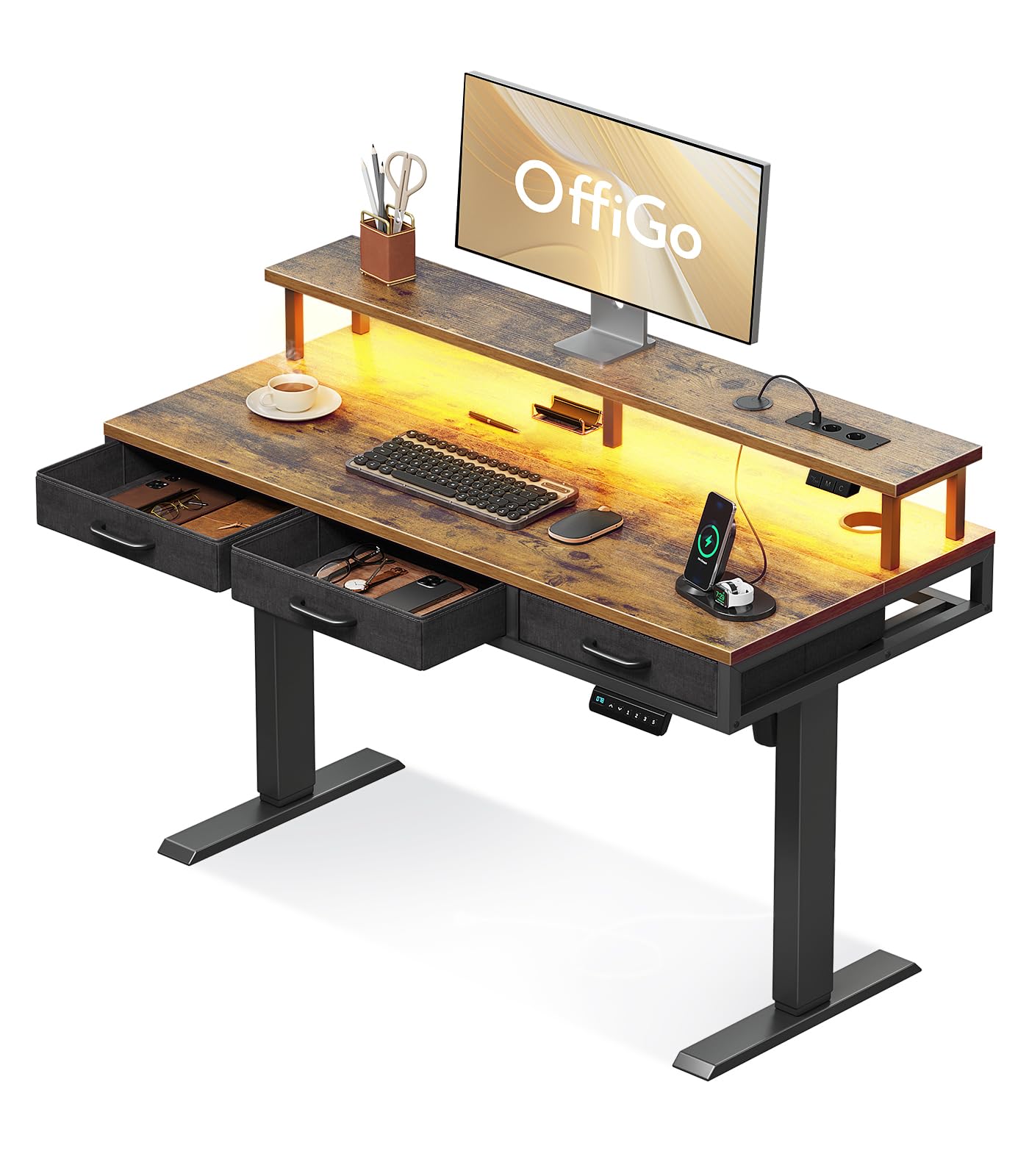 OffiGo Elektrischer Schreibtisch mit Schubladen, 120cm Höhenverstellbarer Schreibtisch mit Monitorständer, Gaming Tisch mit Steckdosen und Lichtleiste, Tisch Höhenverstellbar Bürotisch, Weiß
