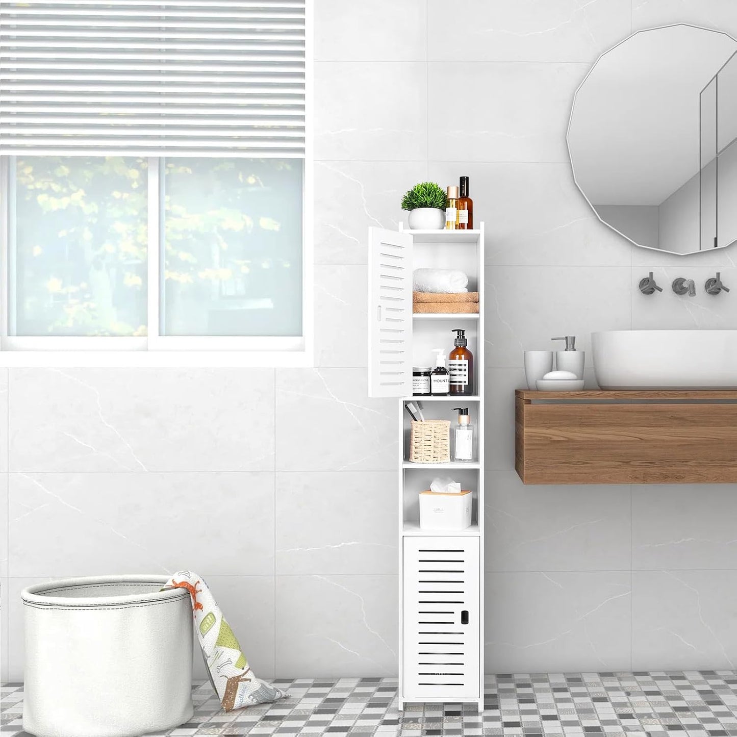 AIKTOTA Bathroom Cabinet, Freestanding Storage Cabinet with Door and Shutters, Waterproof Bathroom Furniture Cabinet for Living Room, Bedroom, Kitchen, etc., White (26 x 22 x 118 cm)