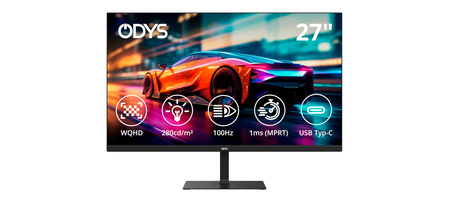 ODYS i27 Monitor - 27-Zoll-Bildschirm im rahmenlosen Design, Full HD, 100 Hz, mit HDR, IPS Panel, FreeSync, HDMI, USB-C, 3,5mm Audio