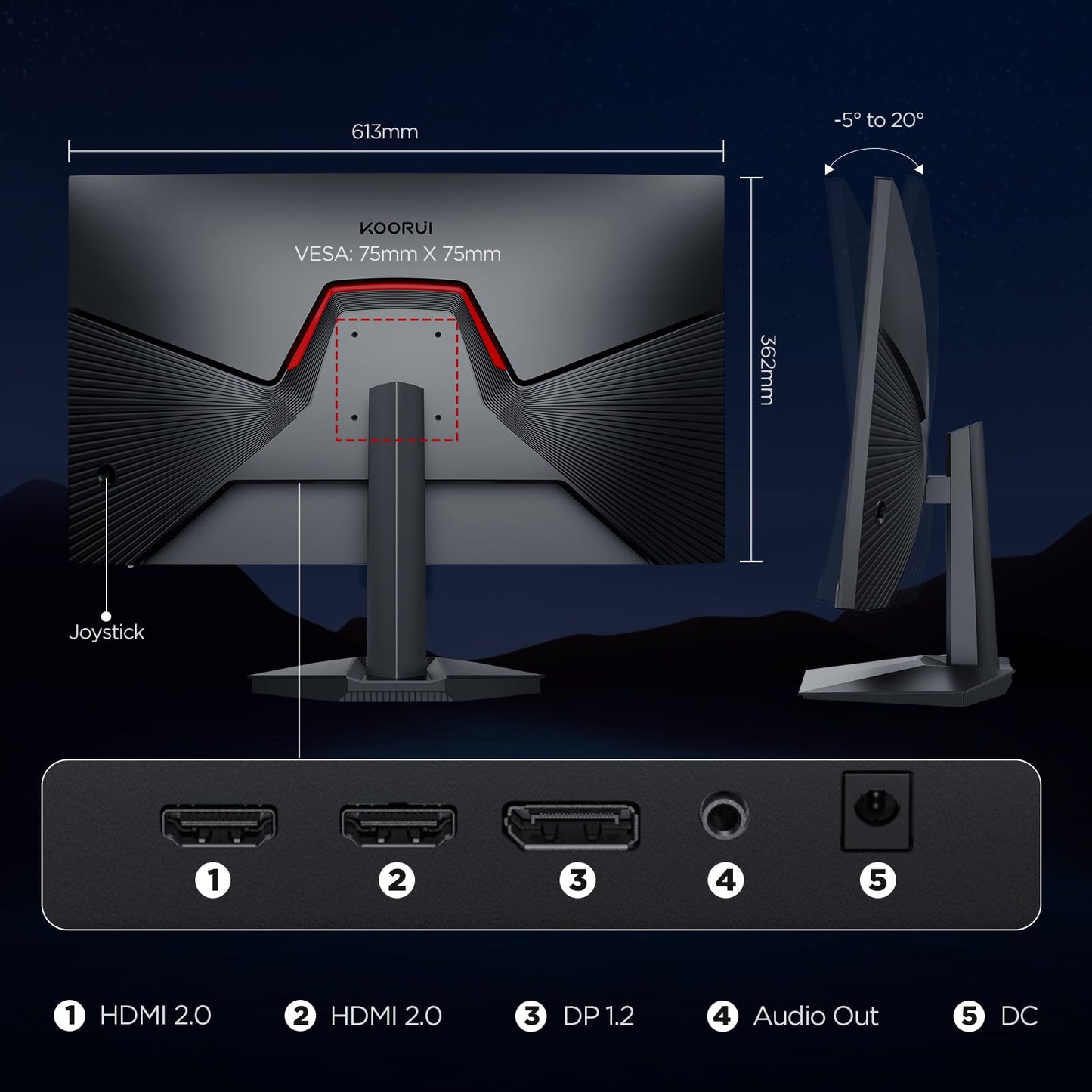 KOORUI Gaming Monitor 24 Zoll - FHD PC Bildschirm VA 165Hz 1ms Monitor 144hz, AdaptiveSync Technology, DCI-P3 85%, 2 x HDMI, DP Neigbar, Schwarz