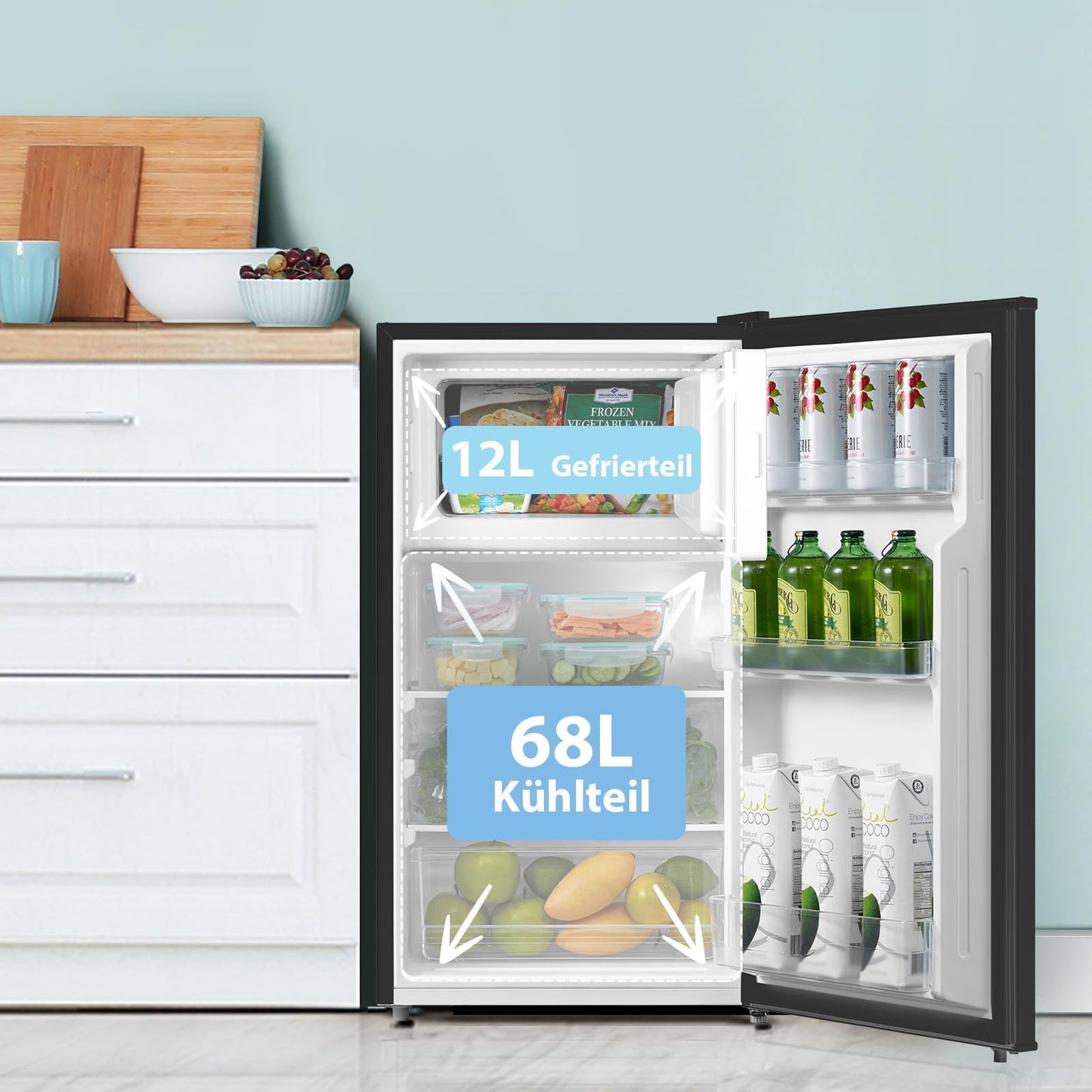 Comfee' RCD115DK2 Kühlschrank mit Gefrierfach/ 80L Tischkühlschrank/Obst- und Gemüsefach/ 84,5cm Höhe / 47,5cm Breite / 137kWh/Jahr/Einstellbare Temperaturregelung/Verstellbare Füße/Schwarz