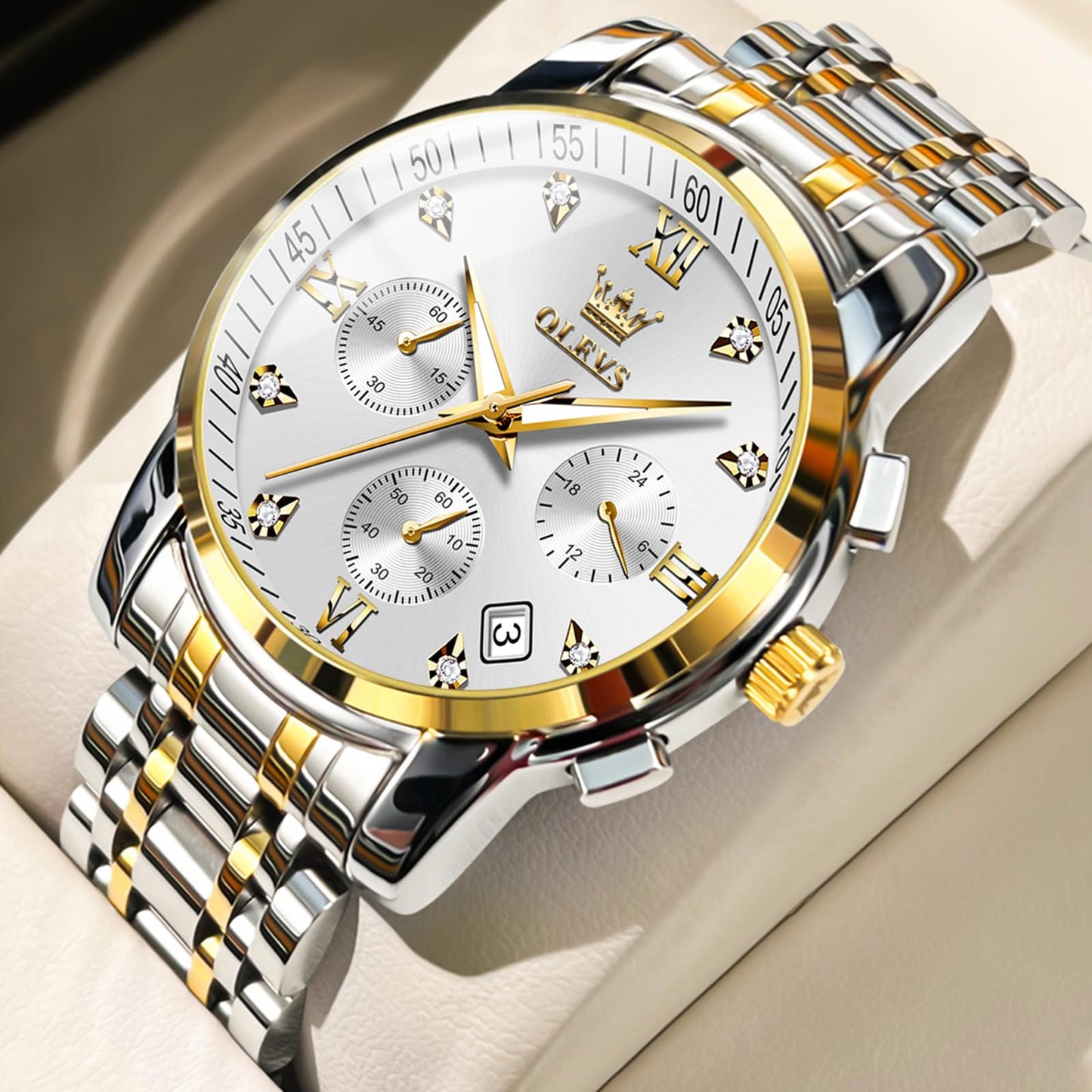 OLEVS Uhren Herren, Edelstahl Analoger Quarzuhr, Multifunktionale Diamanten Herrenuhren, Klassisches Luxuskleid Herrenuhr