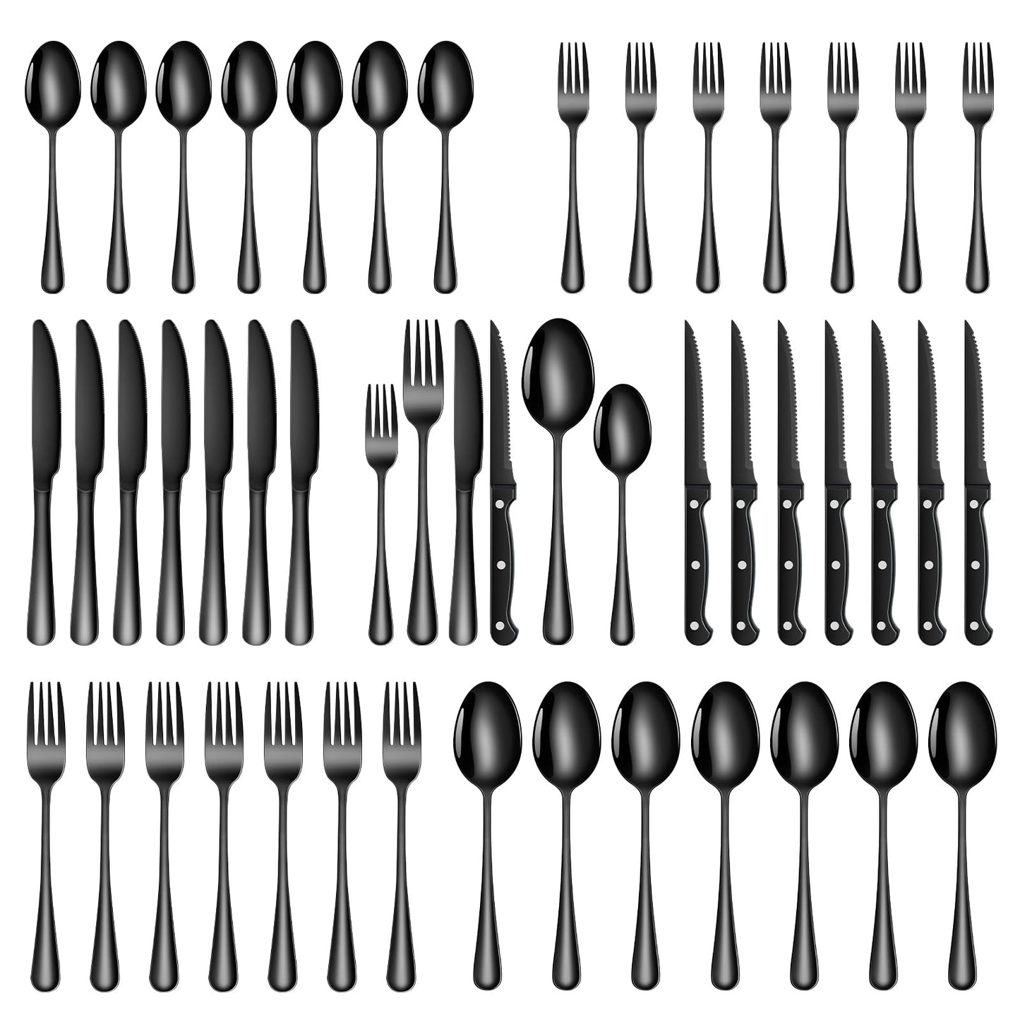 TAN REN Besteck Set Schwarz 6 Personen, 36-Teiliges Edelstahl Besteckset Schwarz mit Steakmesser, Elegantes Essbesteck mit Messer Gabel Löffel, Tafelbesteck für Küche/Restaurant