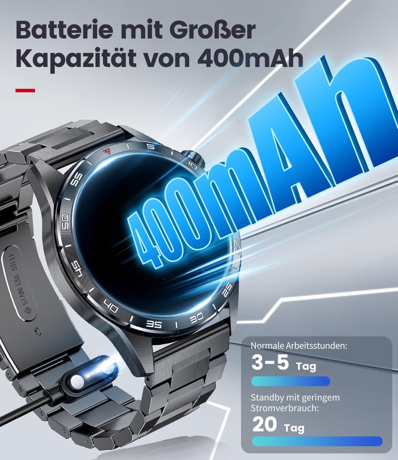 LIGE Smartwatch Herren mit 400mAh Lange Akkulaufzeit für Android iOS,1.43'' Amoled Display,110+ Sportmodi,Bluetooth-Anrufe,IP68 Wasserdicht Fitnessuhr mit Herzfrequenz, SpO2, Schlafmonitor,3 Armbänder