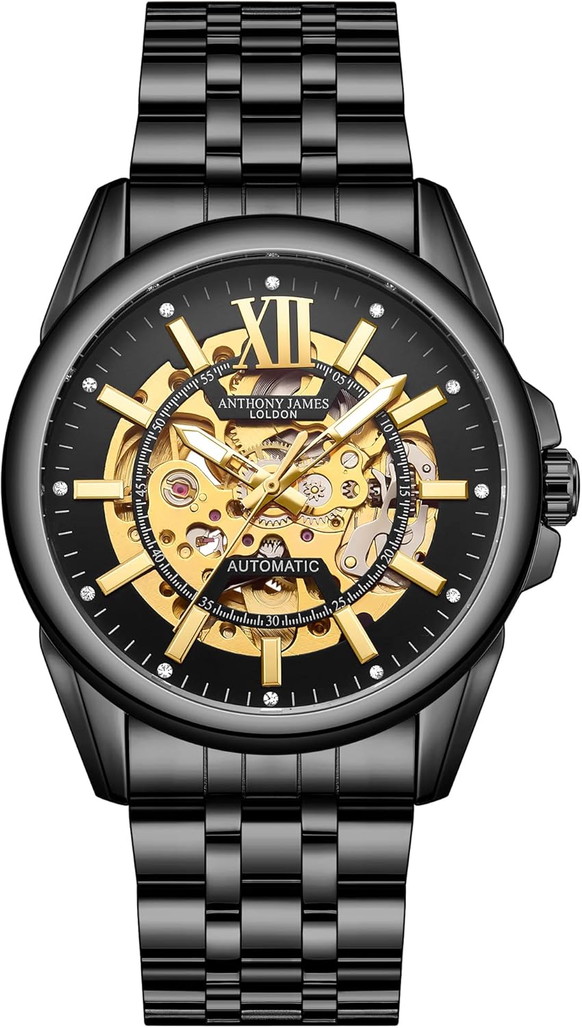 Anthony James Mystique Automatische Armbanduhren Herren - Handmontierte Wasser- & Kratzfeste Analoguhr mit 21 Juwelen Gold Skelett Zifferblatt Analoge Uhren Herren, Schwarz , Armband