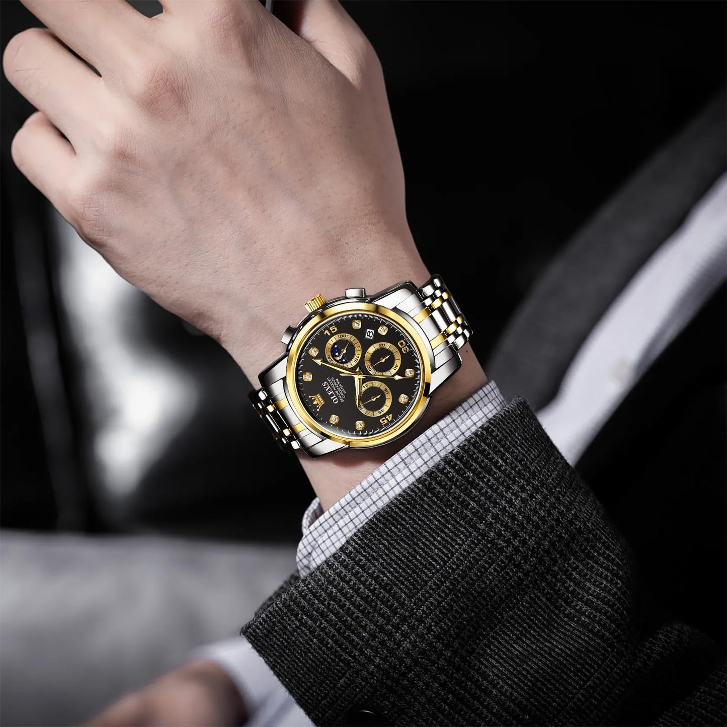 OLEVS Uhren Herren, Edelstahl Analoger Quarzuhr, Multifunktionale Diamanten Herrenuhren, Klassisches Luxuskleid Herrenuhr