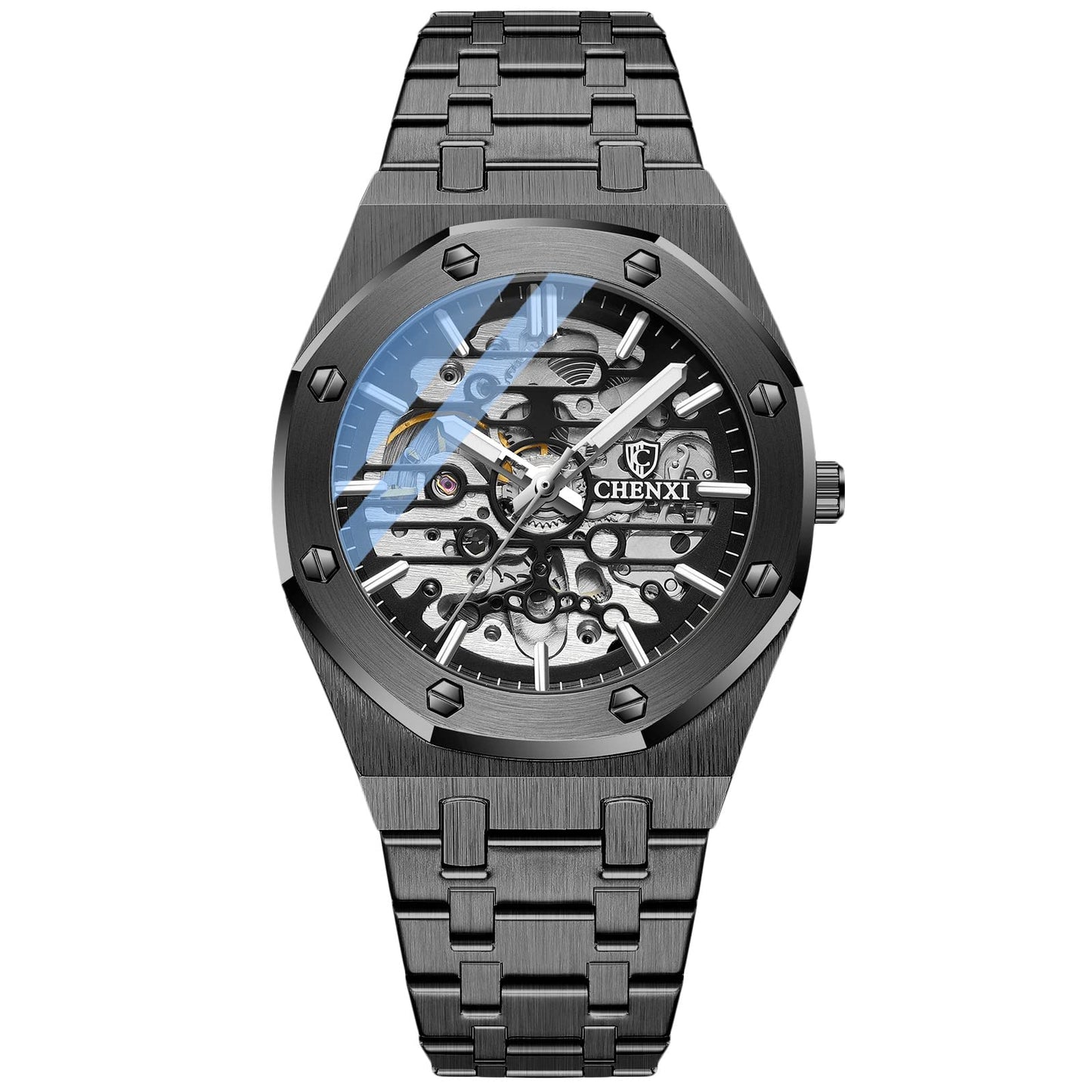 Rorios Herrenuhren Automatische Mechanische Uhr Leuchtend Uhr mit Edelstahl-Armband Skelett Militär Armbanduhr