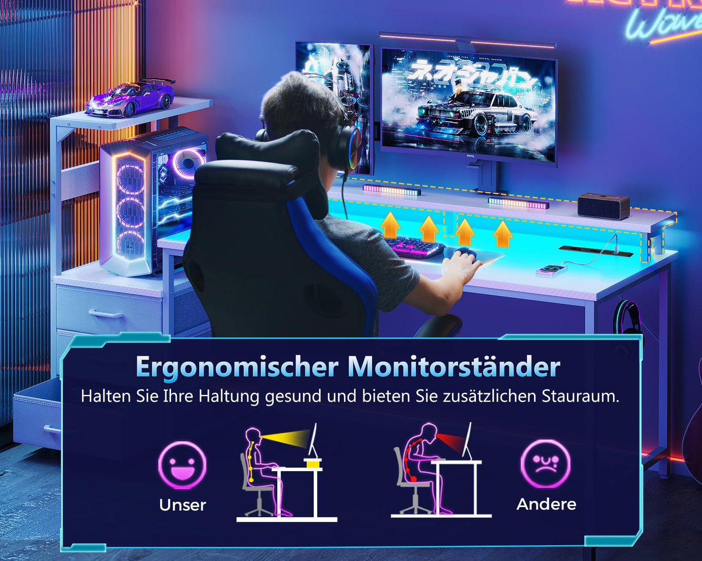 Coleshome Gaming Table with LED Lighting & Socket, Gaming Desk with Drawers, Computer Desk with Shelves & Monitor Stand, Carbon Fibre Black, 151 x 50 cm
