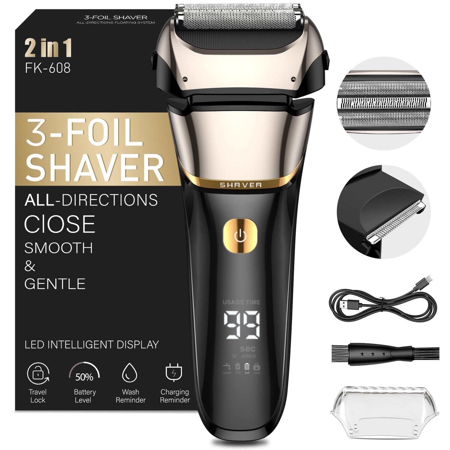 Men's Foil Shaver, 2-in-1 Razor, Electric Rechargeable USB Shaver, Men's Wet Razor & Dry Shaver, Electric Shaver, Men's 100 Minutes Running Time, Zero Gap Skin, IPX7 Washable