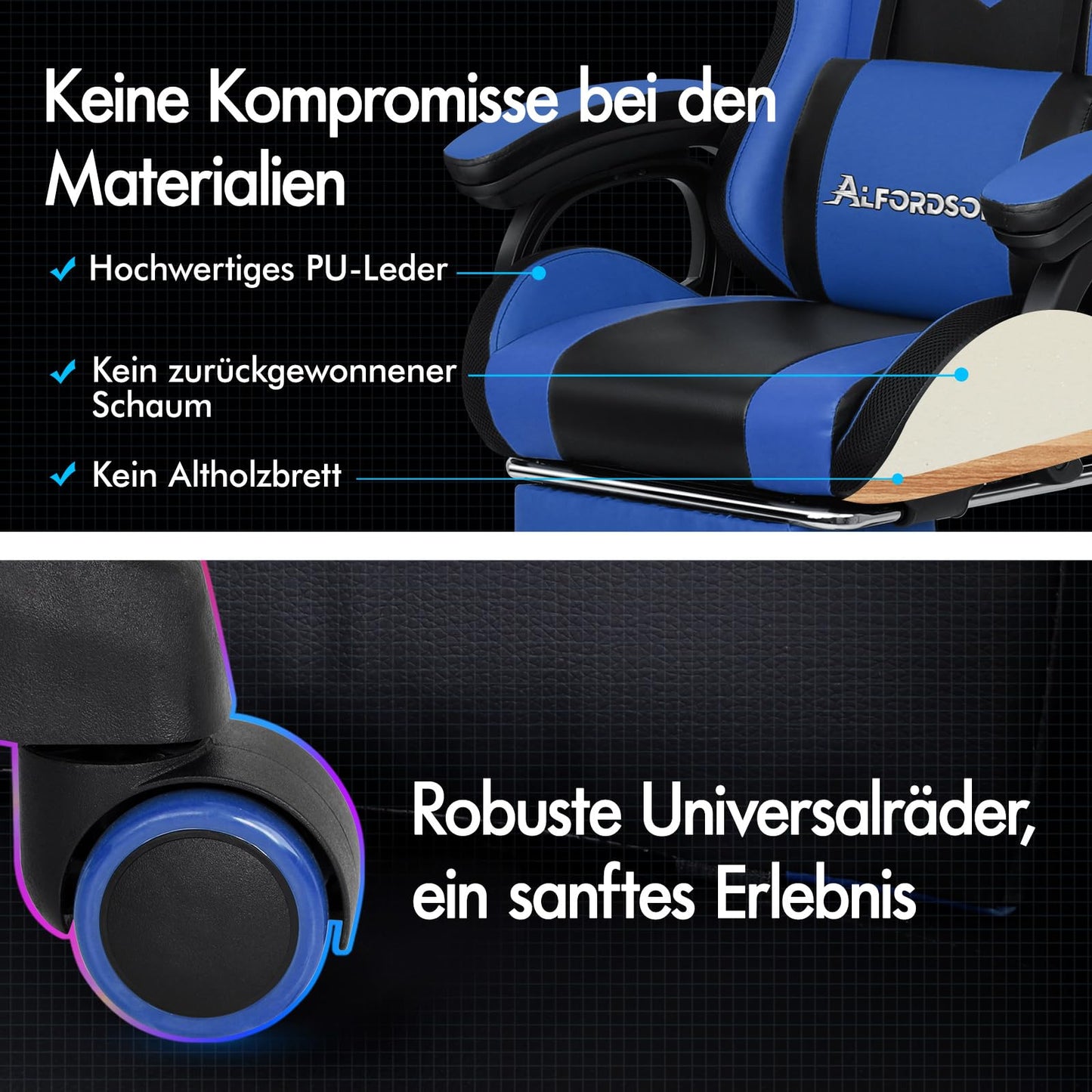 ALFORDSON Gaming Stuhl mit 8-Punkt Massage 12 Farben RGB LED-Licht, Bürostuhl Ergonomisch mit fußstützen, Kopfstütze Lendenkissen für Kinder Erwachsene, Schwarz