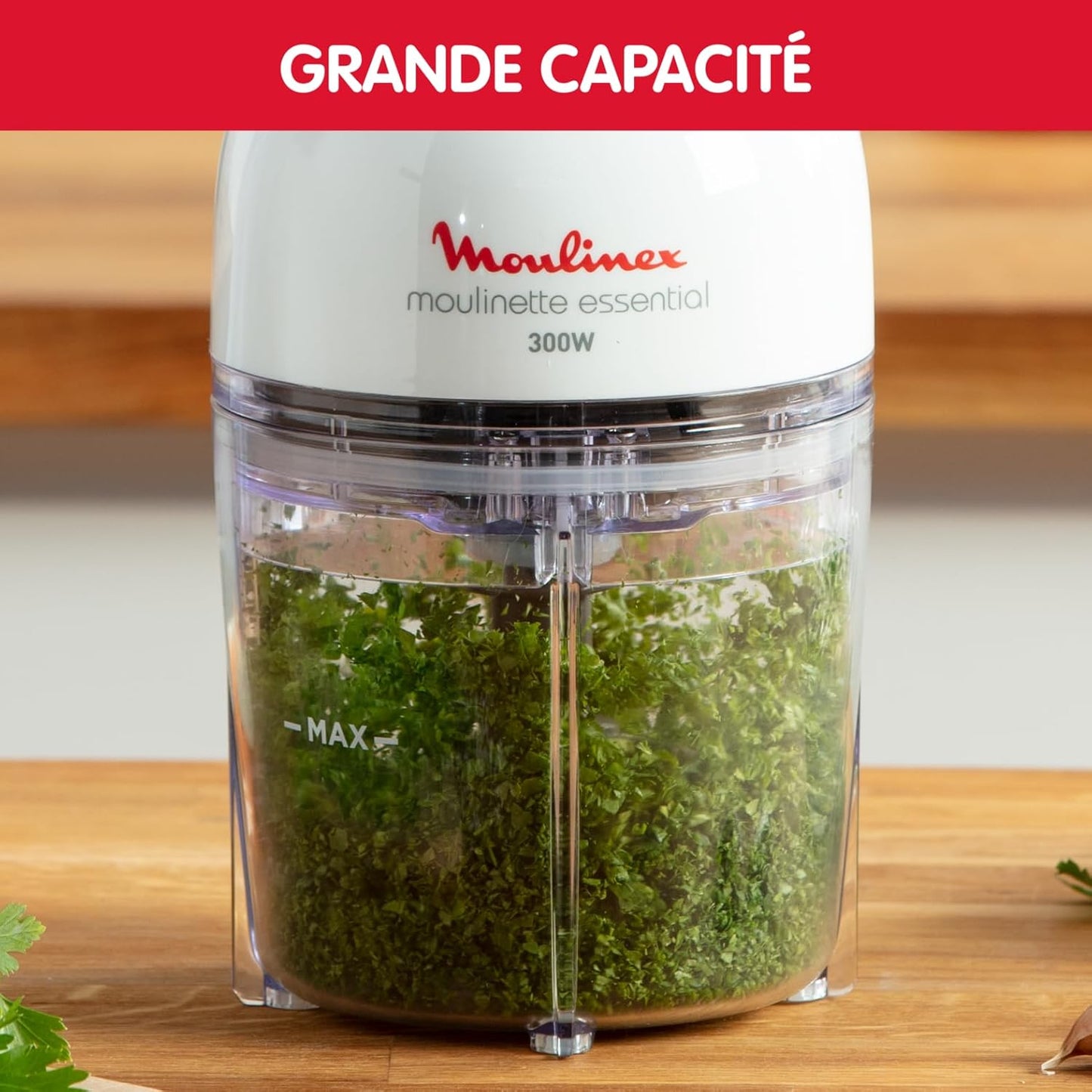 Moulinex Moulinette Essential DJ5201 3-in-1 Zerkleinererer, Mixen und Schneiden, Druckdeckel-System 300 W, Fassungsvermögen 0,4 l