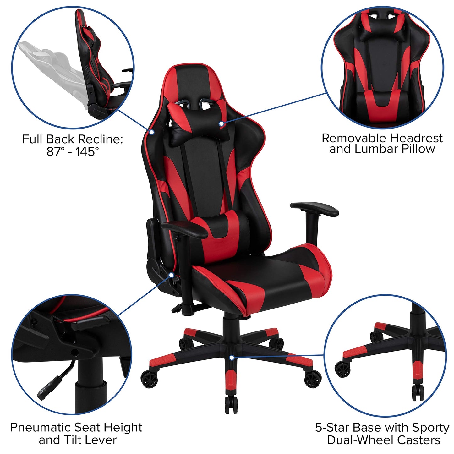 Flash Furniture X30 Gaming-Stuhl, ergonomischer Bürostuhl für PC- und Gaming-Setups, verstellbarer Rennsport-Stuhl mit vollständig verstellbarer Rückenunterstützung, schwarz mit weißer Verzierung