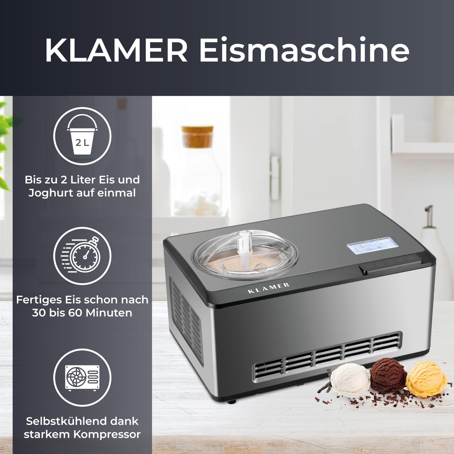 KLAMER 2-in-1 Ice Cream Maker & Yoghurt Maker 2 L, 180 W Stainless Steel Ice Cream Machine with Cooling and Heating Function, Homemade Ice Cream with Self-Cooling Compressor