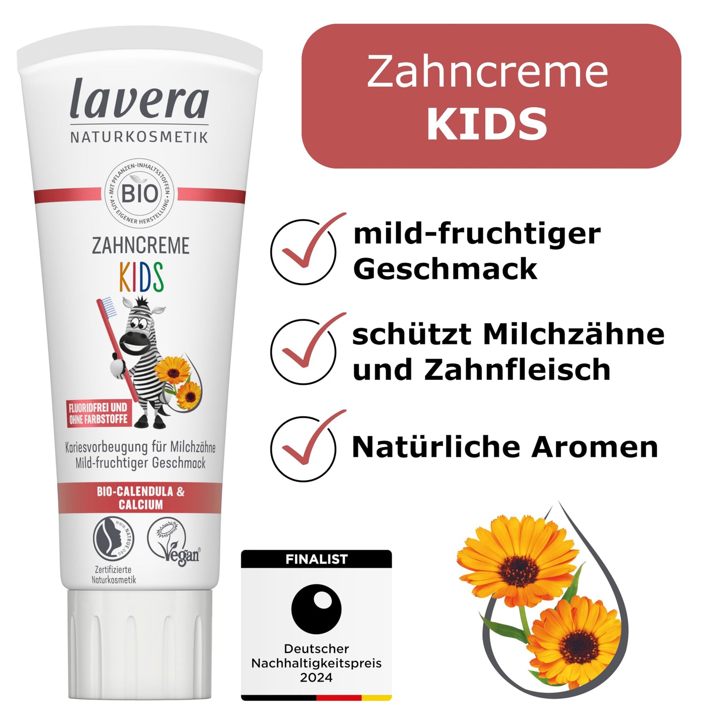 lavera Zahncreme Kids FLUORIDFREI - ohne Farbstoffe - schützt Milchzähne - mild-fruchtig - Bio Calendula & Calcium - Vegan - 75 ml