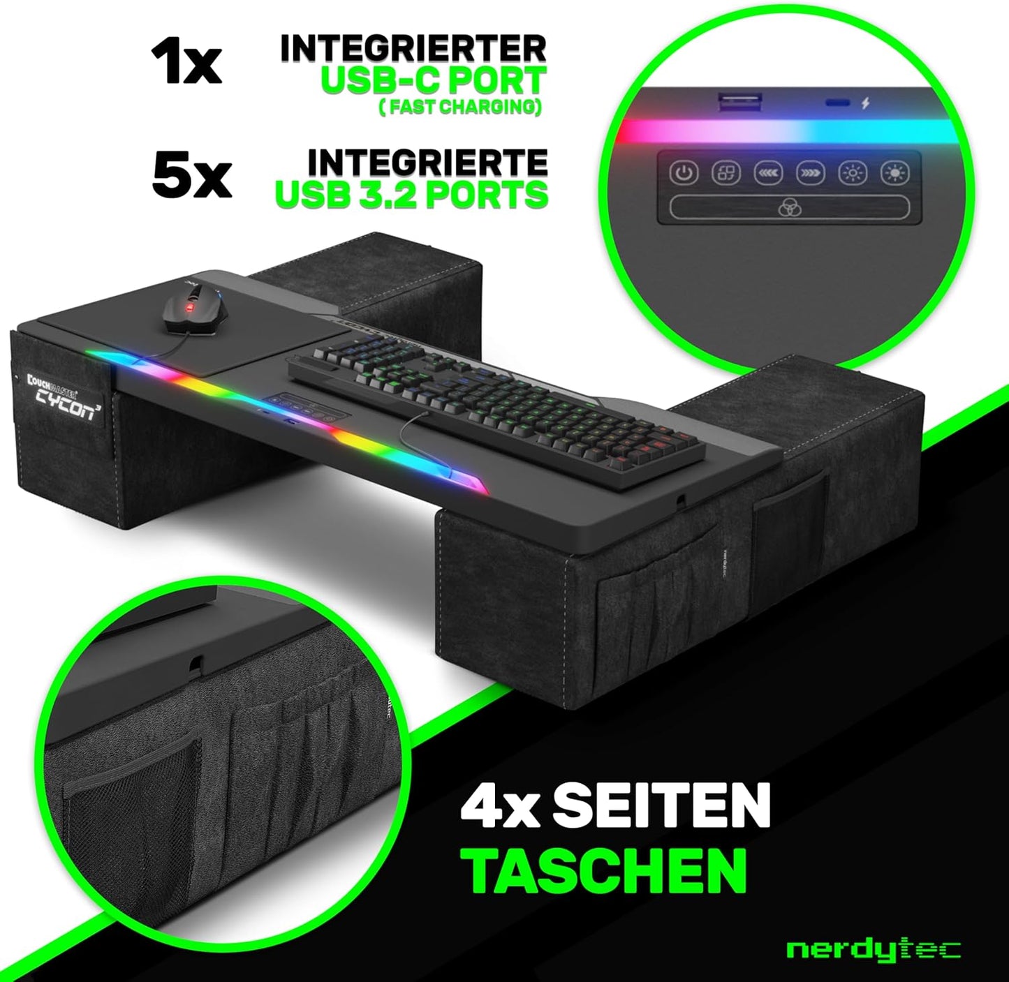 Couchmaster CYCON³ Black HORIZONLIGHT Bar - Ergonomisches Gaming Lapdesk für Couch & Bett - USB Hub Gaming Lapboard - Groß & Stabil (für PC, PS4/5, Xbox One/Series X, Laptops)