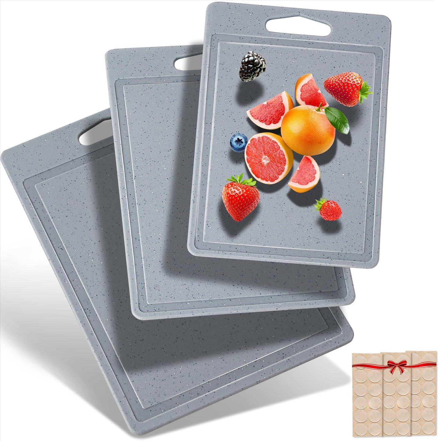 DIFULI Schneidebrett Set 3-teilig Granitoptik, 100% Rutschfeste Aufkleber und Saftkanal, BPA-Free, mit Griff Schneidebretter Kunststoff Antibakteriell, Küchenzubehör, Küchen Gadgets, Küchenhelfer