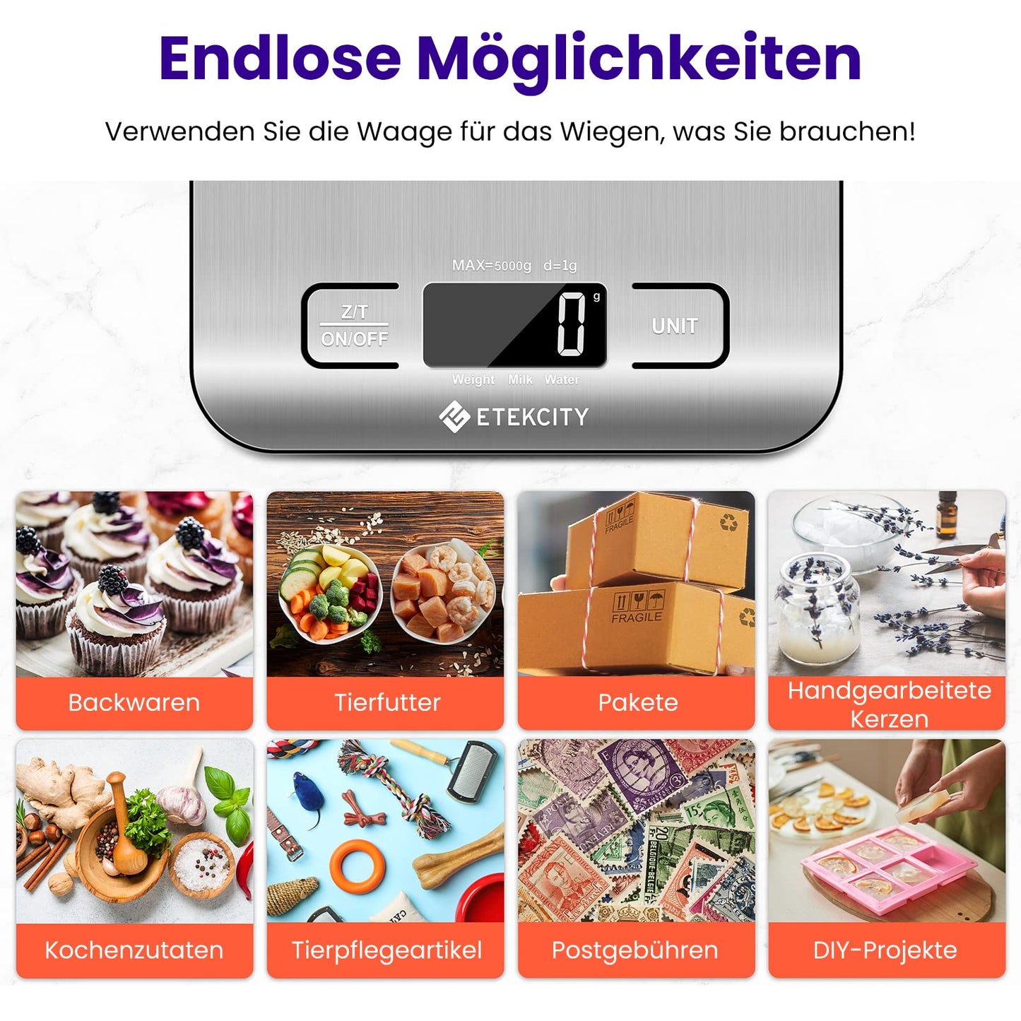 ETEKCITY Küchenwaage, digital 5KG mit großem LCD-Display,Digitalwaage, Briefwaage mit Großer Edelstahl Wiegefläche, Flüssigkeitsmessung, hohe Präzision auf bis zu 1g, Tara-Funktion, Silber