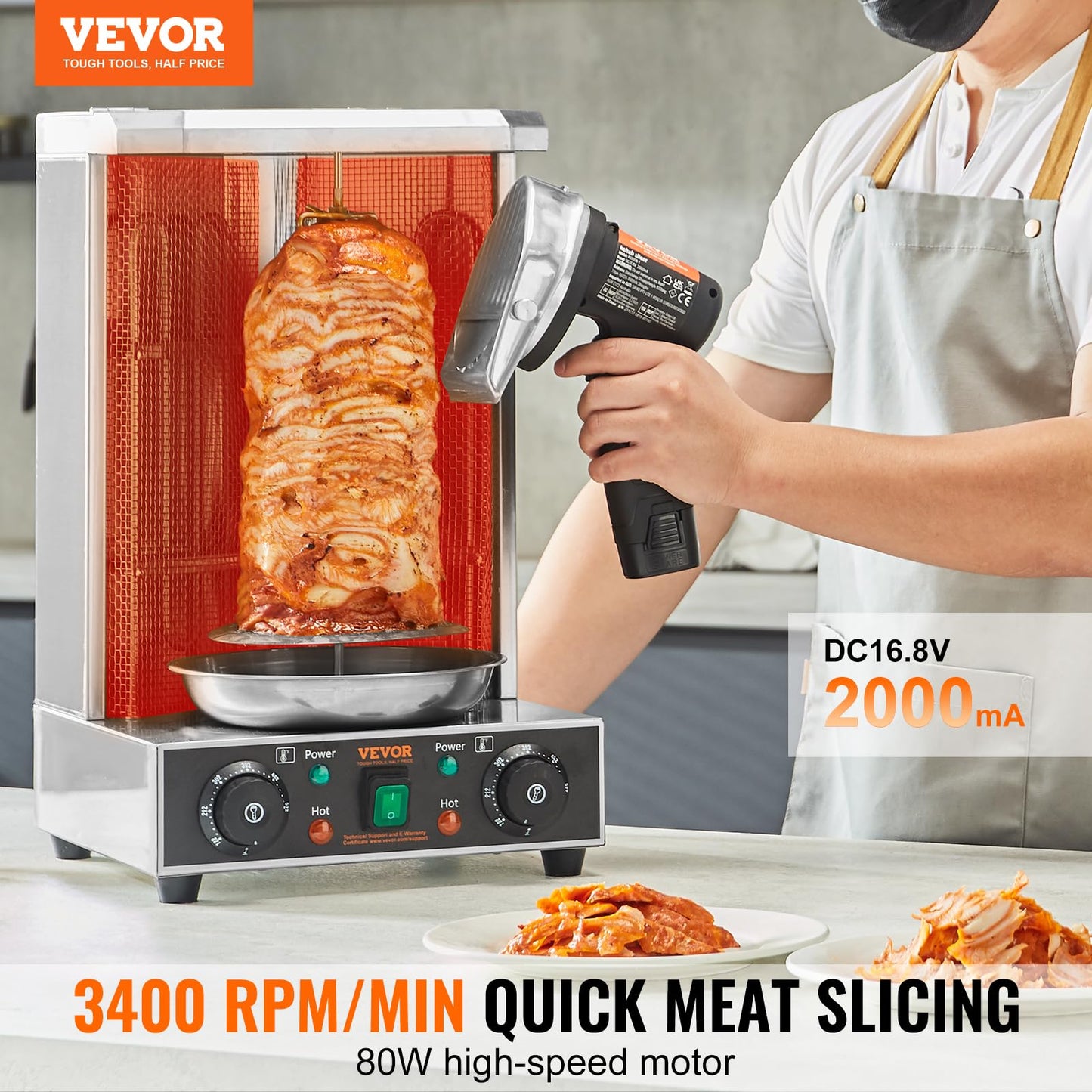 VEVOR Elektrisches Schawarma-Messer,Türkisches Kebab-Messer, Kommerzieller Gyro-Schneider aus Edelstahl, Döner-Kebab-Fleischschneider